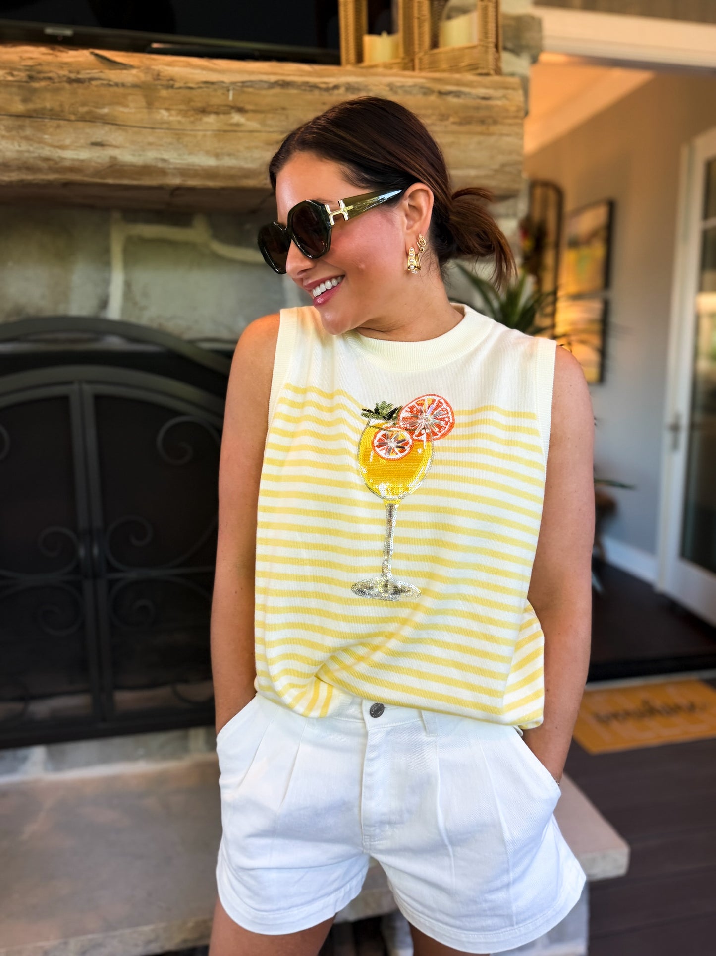 Ivory & Yellow Stripe Cocktail Knit Tank