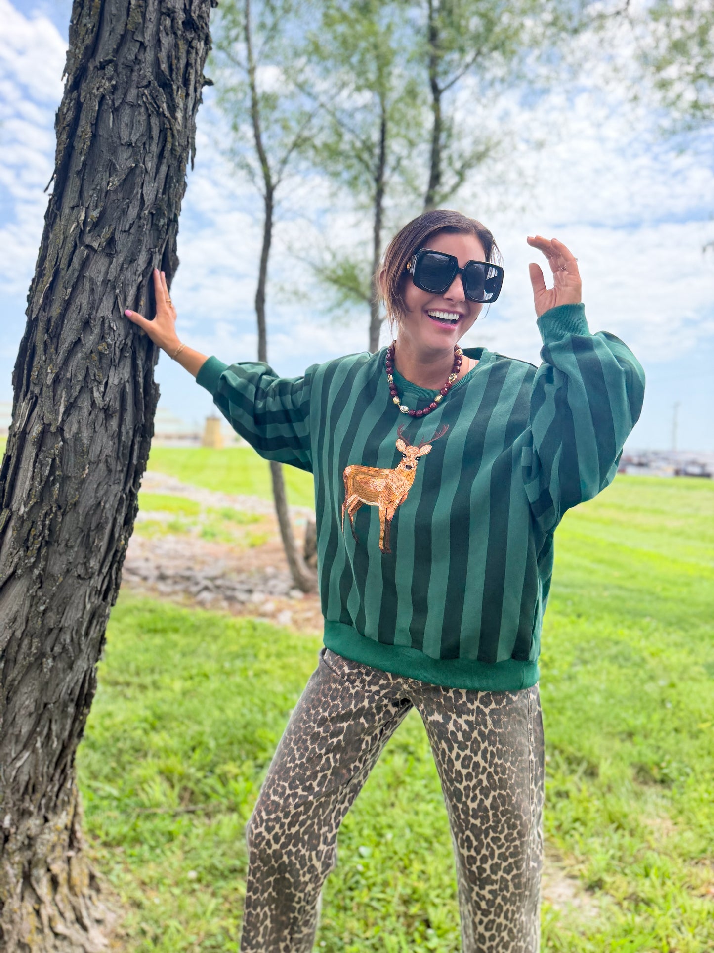Green Striped Deer Sweatshirt