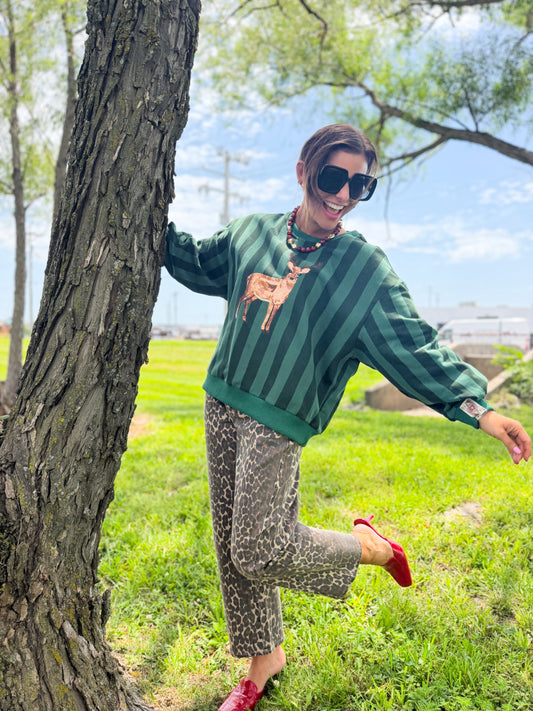 Green Striped Deer Sweatshirt