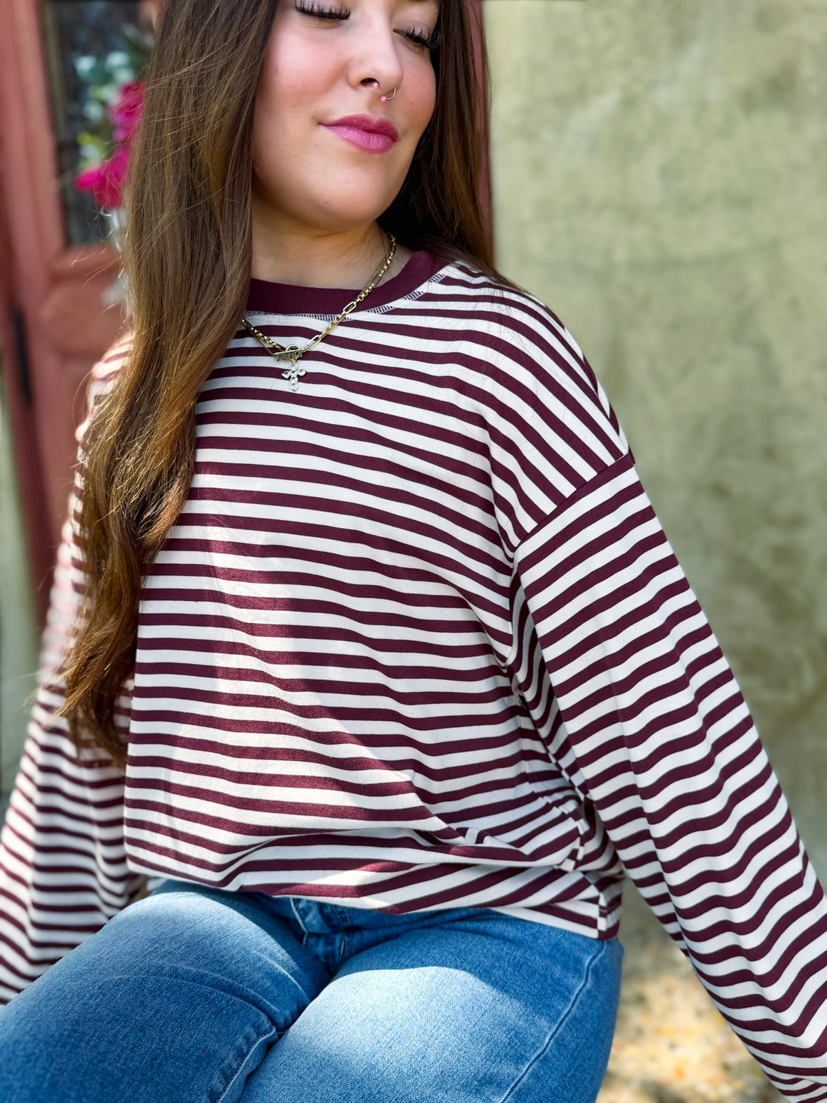 Burgundy Essential Stripe Knit Long Sleeve