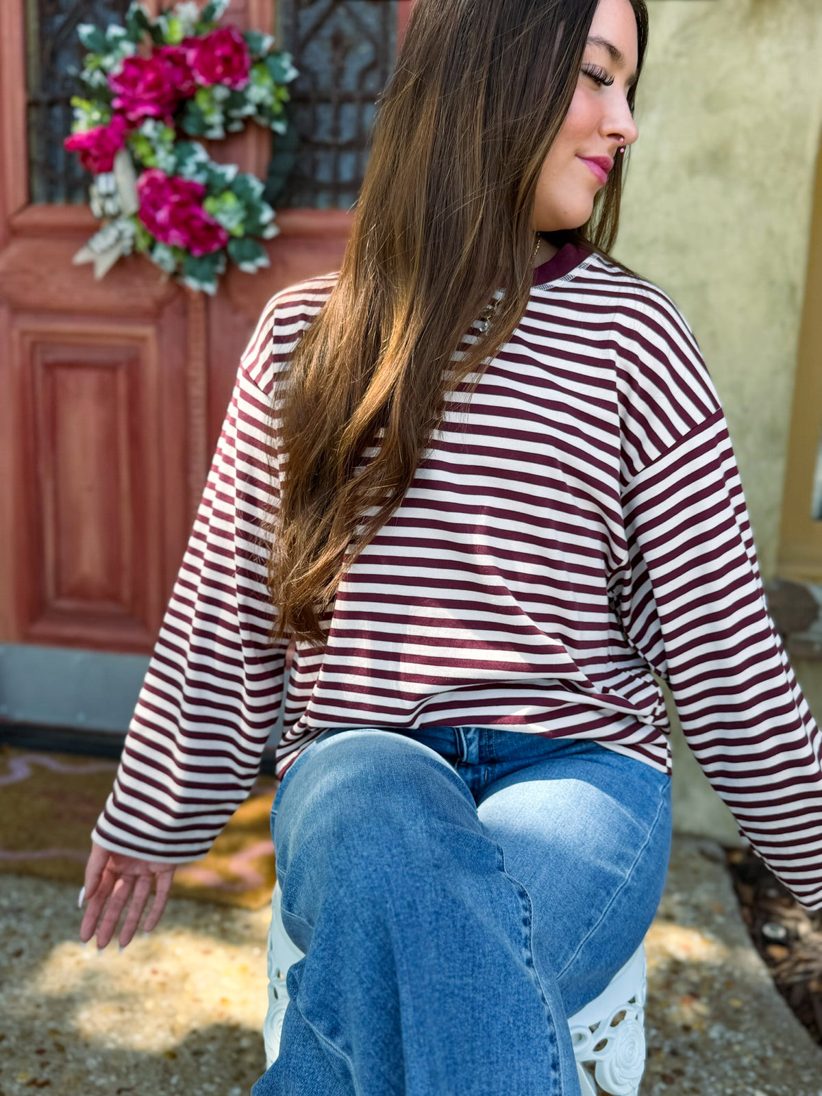 Burgundy Essential Stripe Knit Long Sleeve