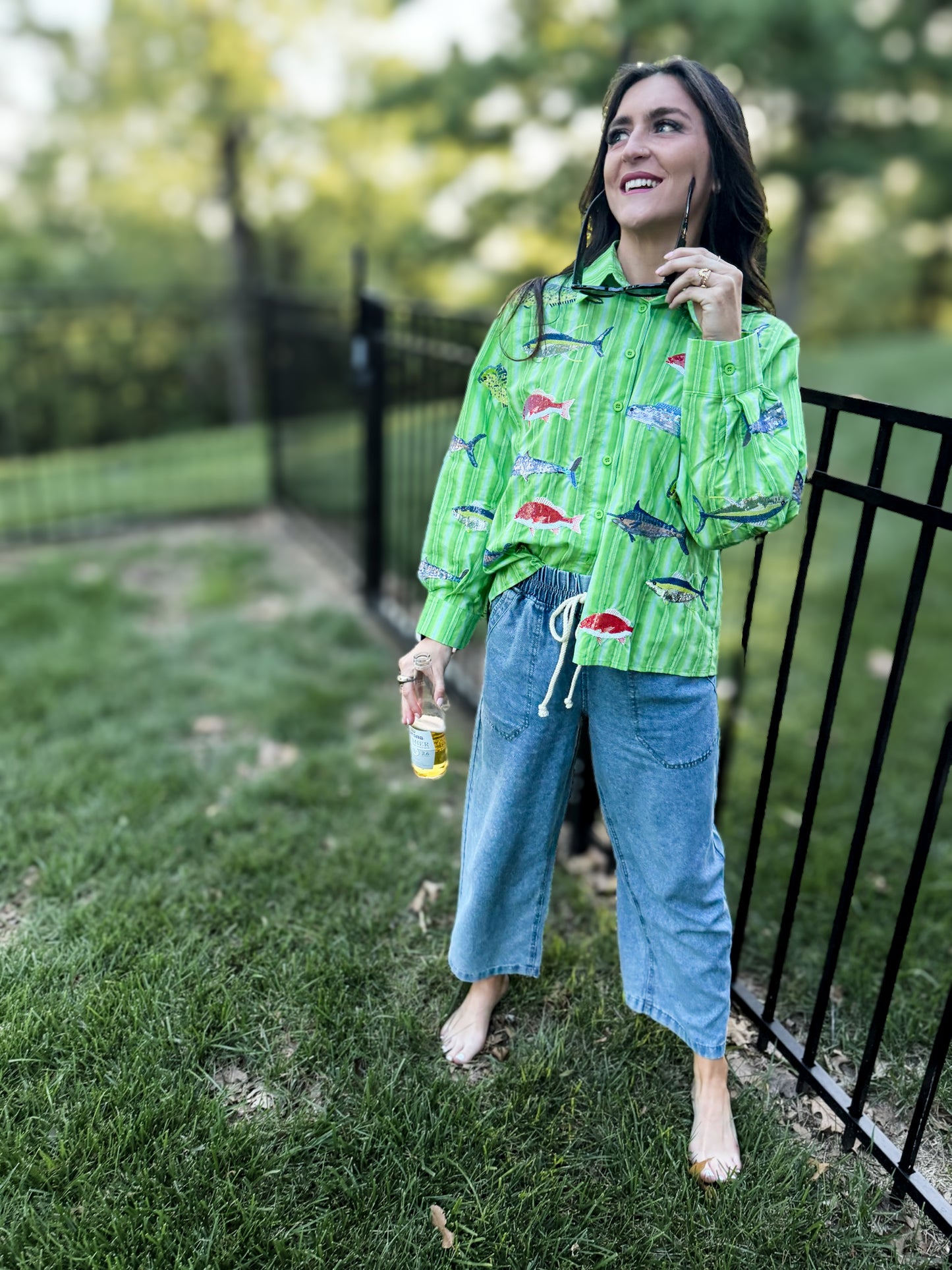 Green Striped Multi Fish Button Up Top
