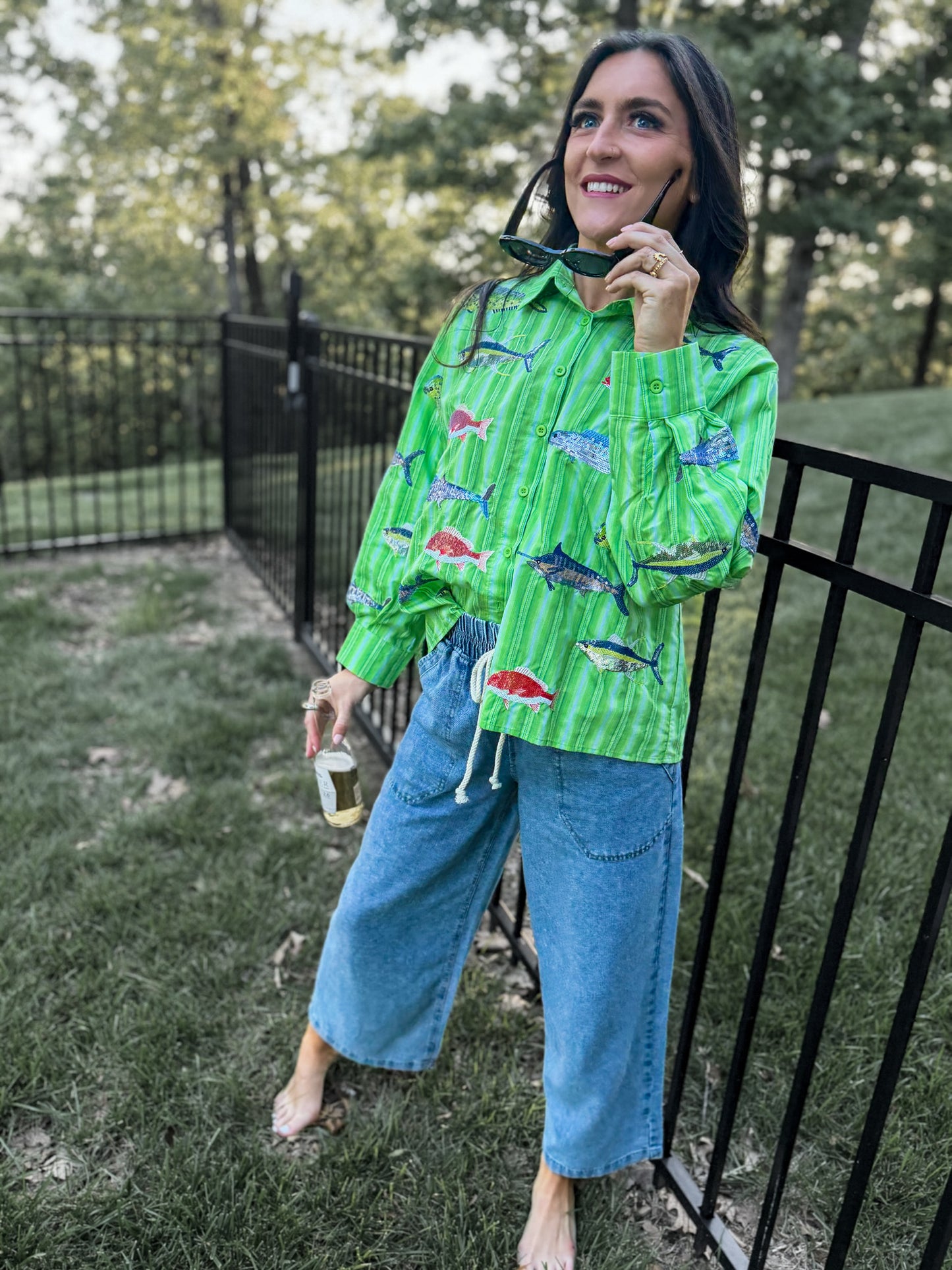 Green Striped Multi Fish Button Up Top