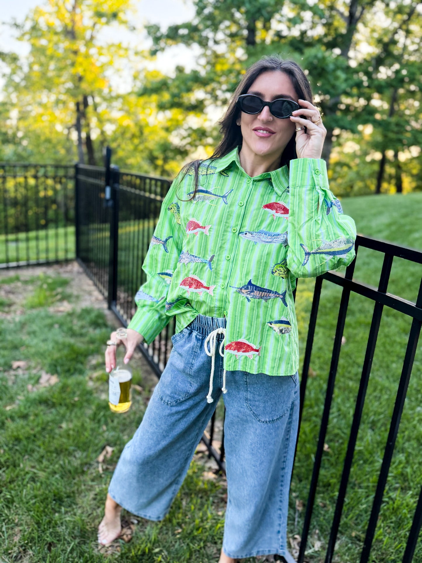 Green Striped Multi Fish Button Up Top