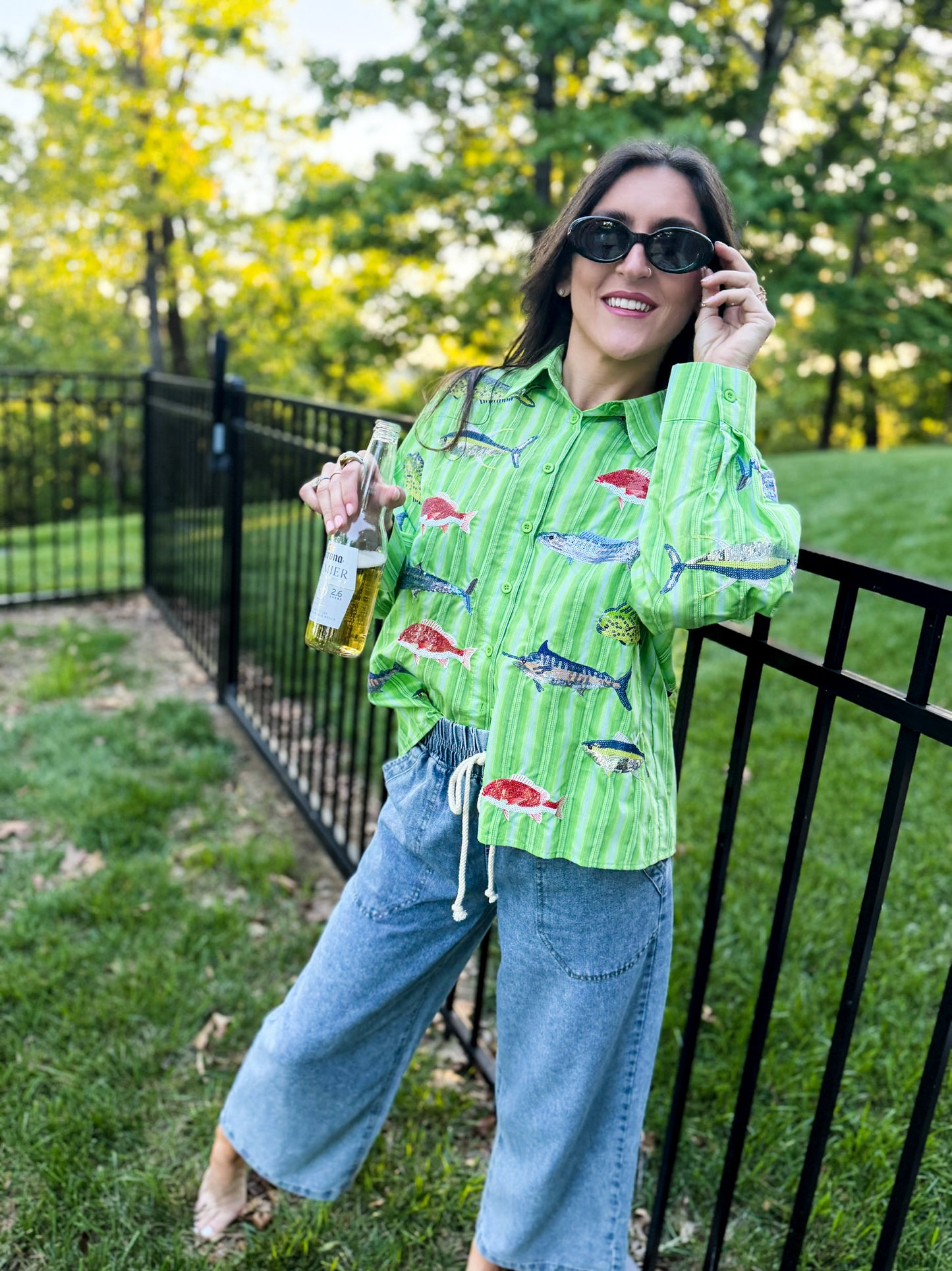 Green Striped Multi Fish Button Up Top