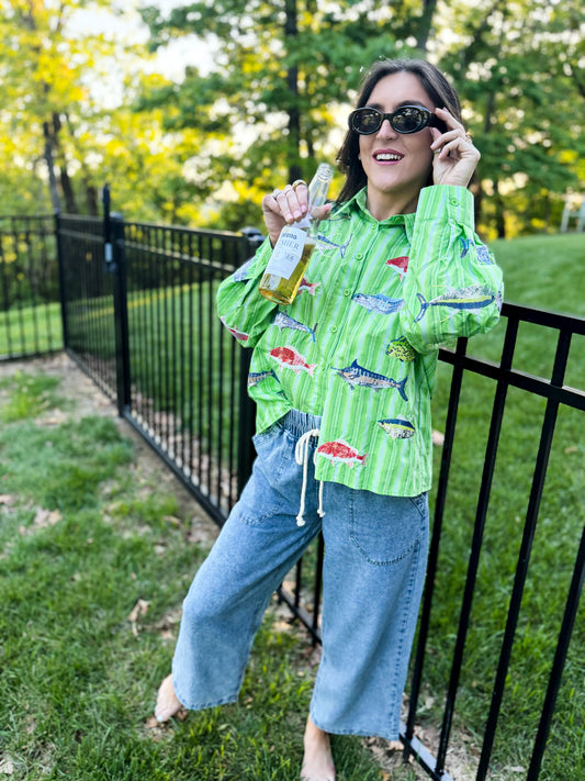 Green Striped Multi Fish Button Up Top
