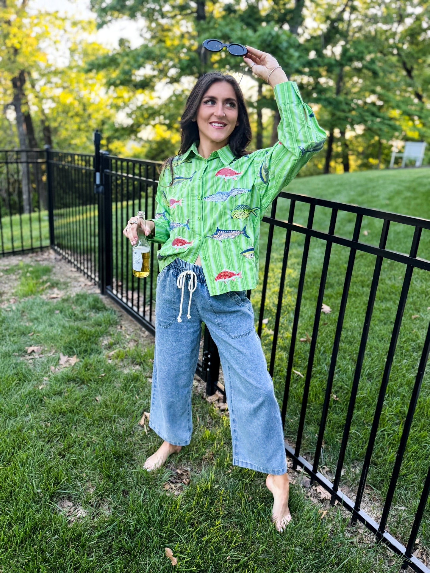 Green Striped Multi Fish Button Up Top