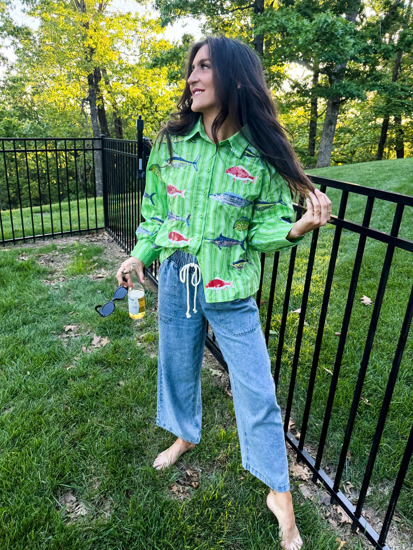 Green Striped Multi Fish Button Up Top