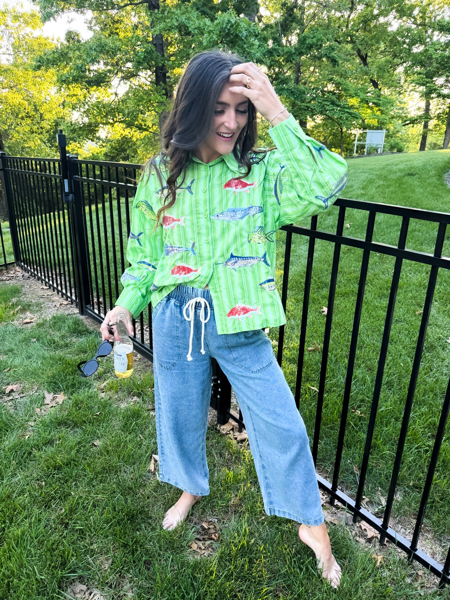 Green Striped Multi Fish Button Up Top