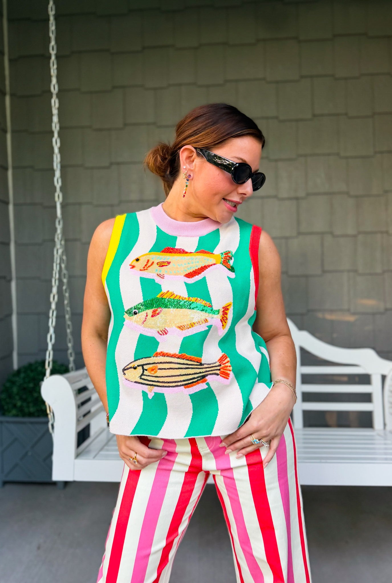 Teal Multi Trim Fish Knit Tank
