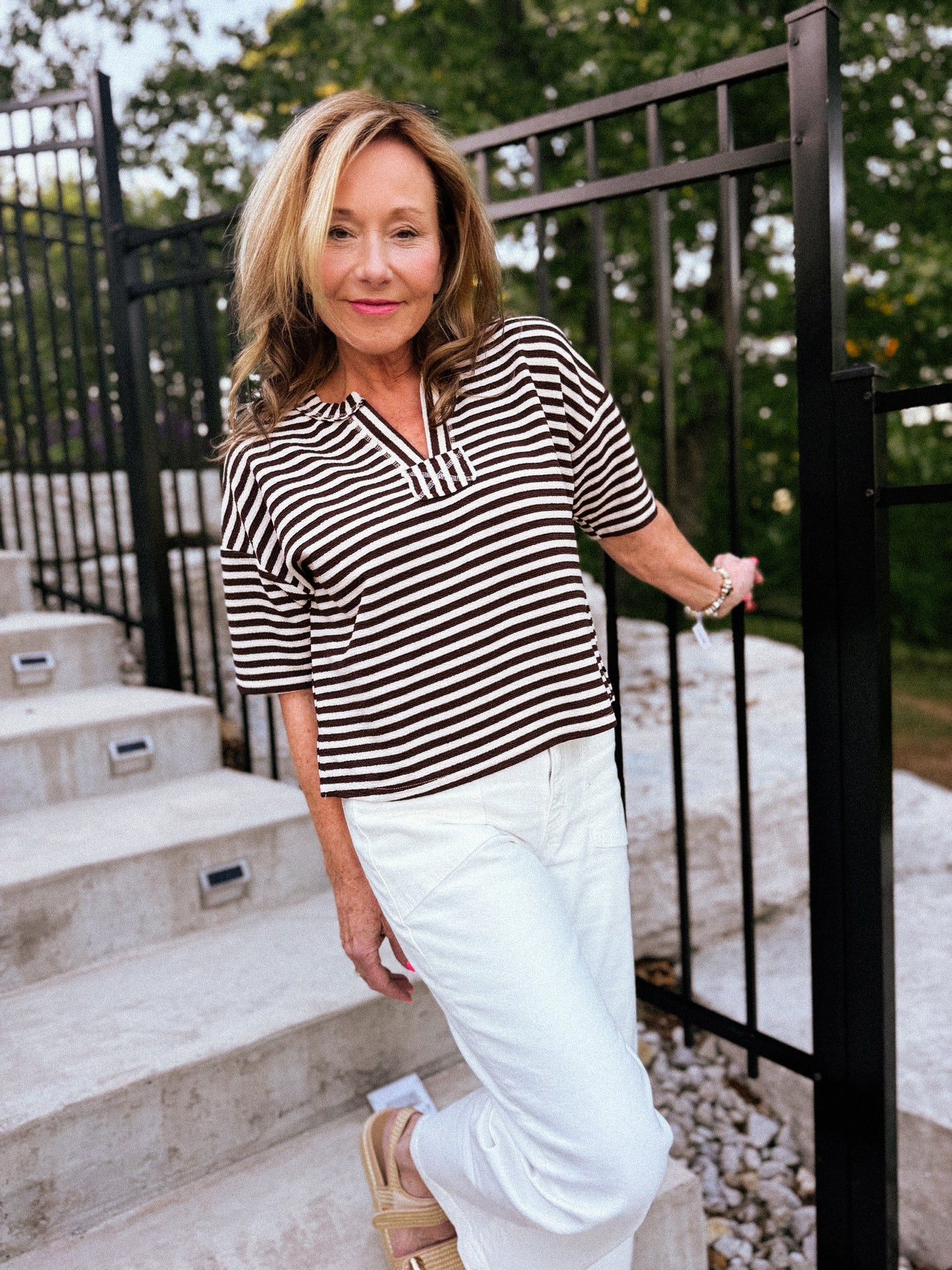 Brown Stripe Short Sleeve Boxy Knit Tee
