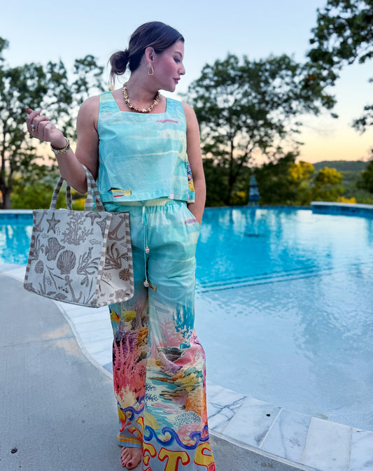 Paradisa Bahia Bay Blue Multi Cotton Reef Print Open Back Top