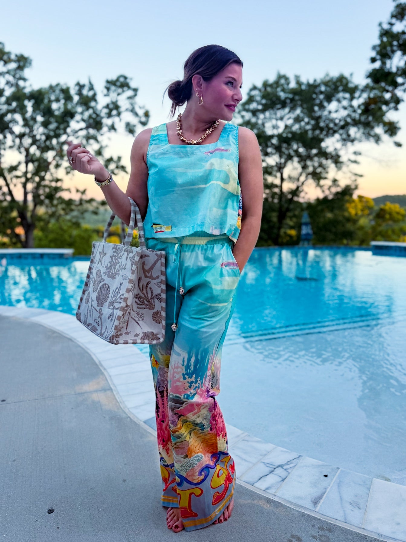 Paradisa Bahia Bay Blue Multi Cotton Reef Print Open Back Top