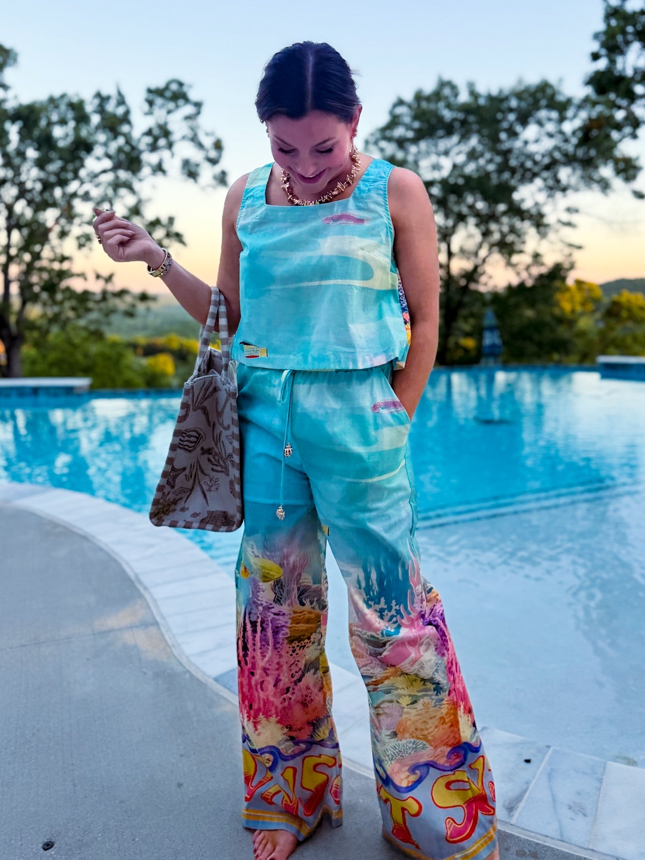 Paradisa Bahia Bay Blue Multi Cotton Reef Print Open Back Top