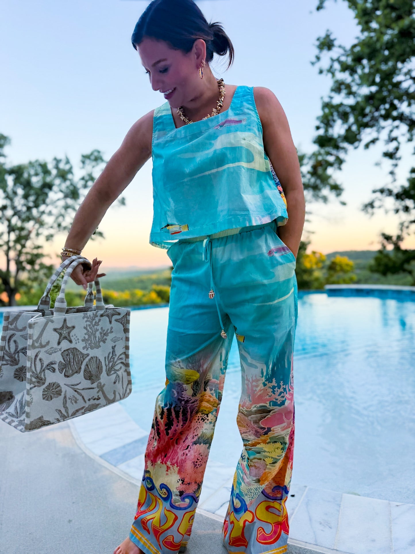 Paradisa Bahia Bay Blue Multi Cotton Reef Print Open Back Top