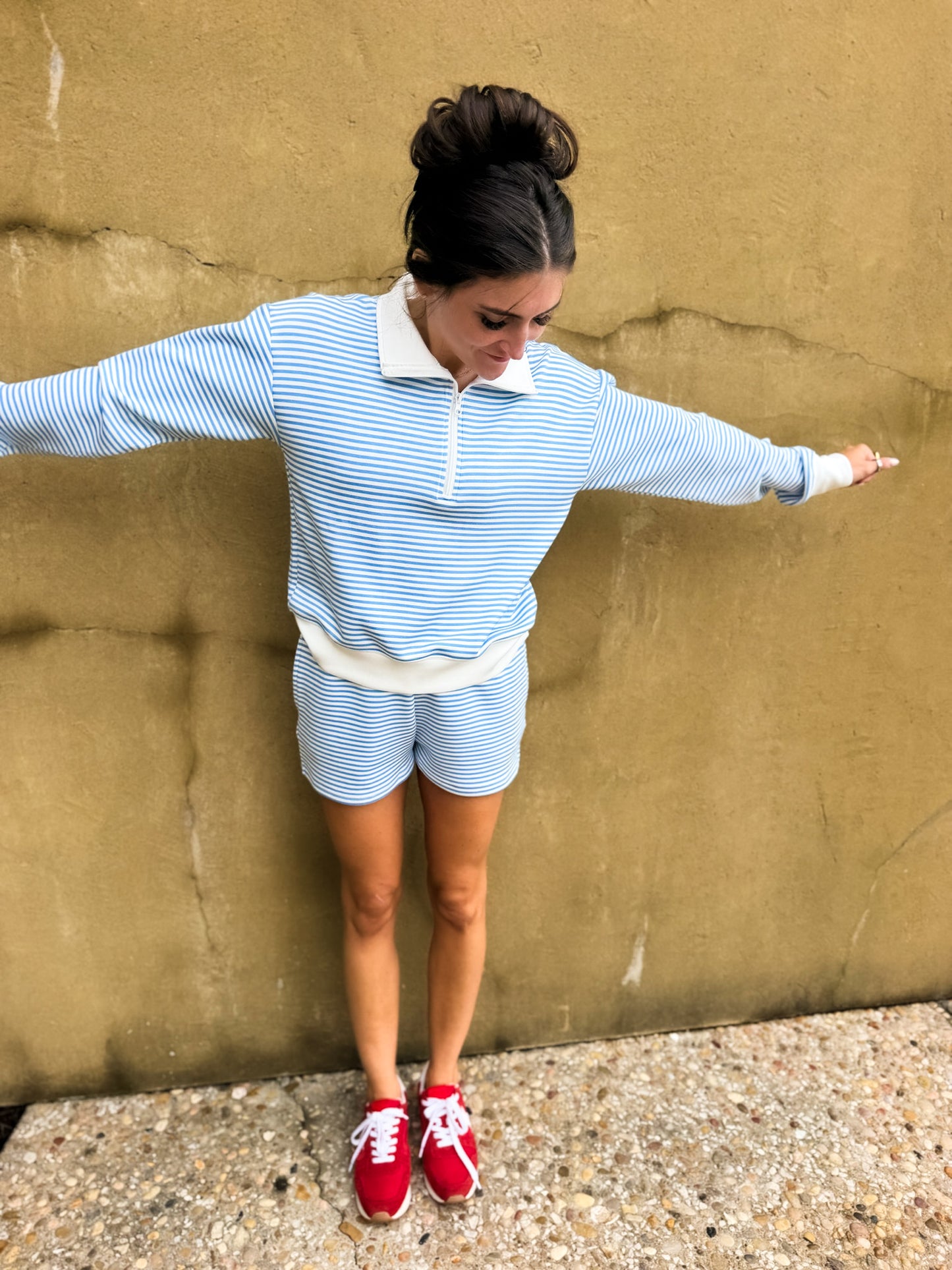 Salty Blue Striped Cloud Fleece Quarter Zip