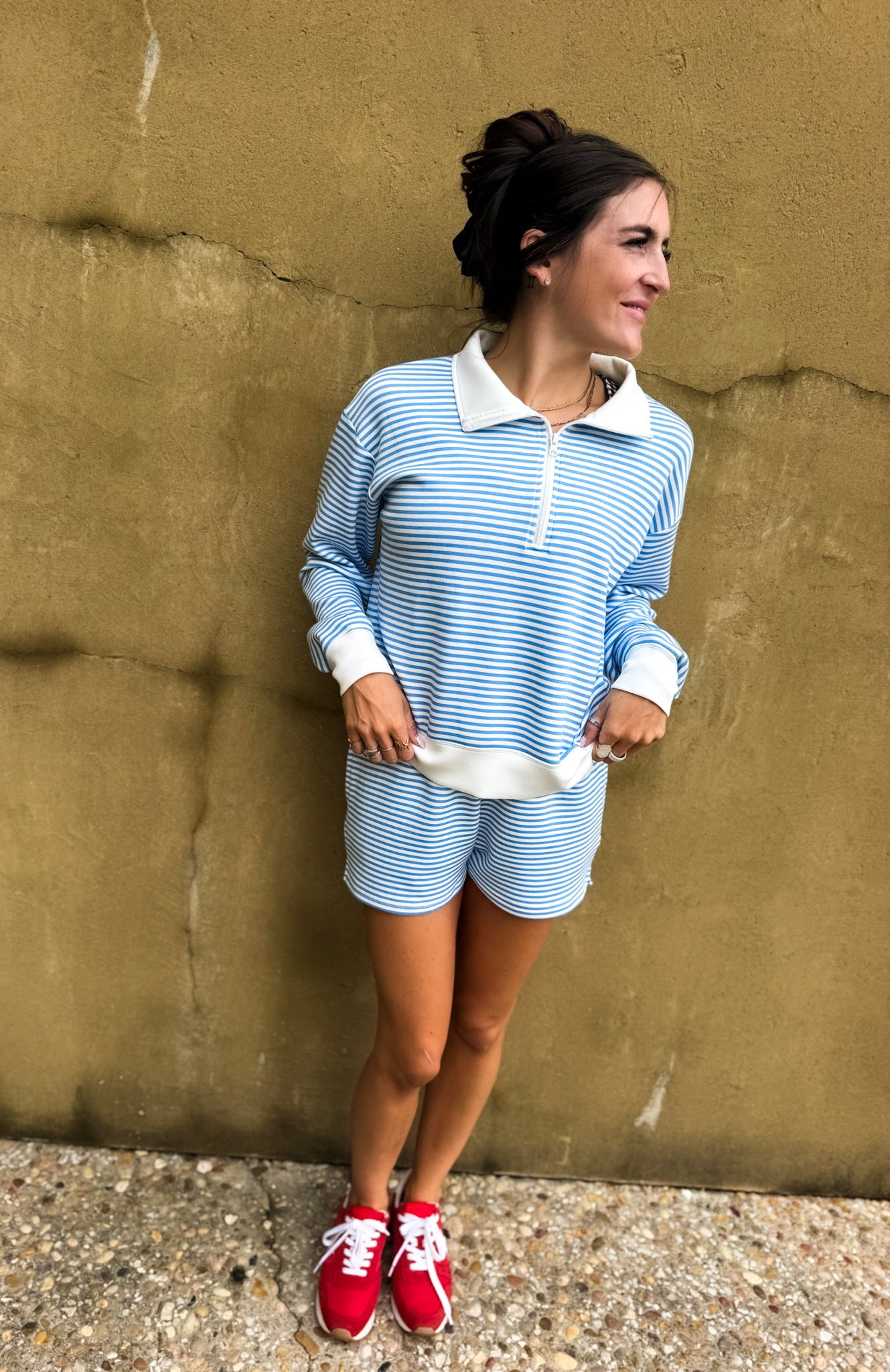Salty Blue Striped Cloud Fleece Quarter Zip