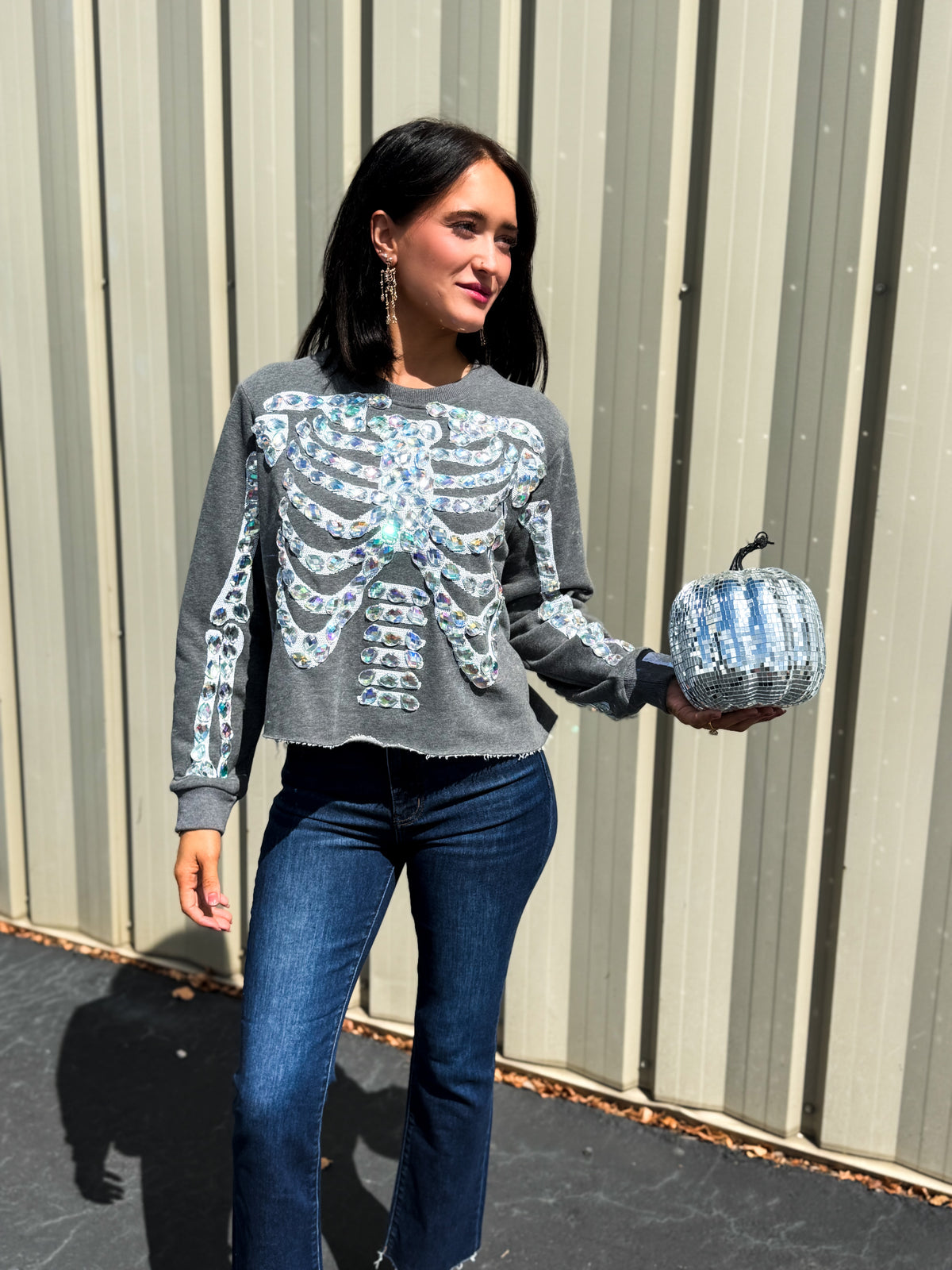 Charcoal Iridescent Jeweled Skeleton Sweatshirt