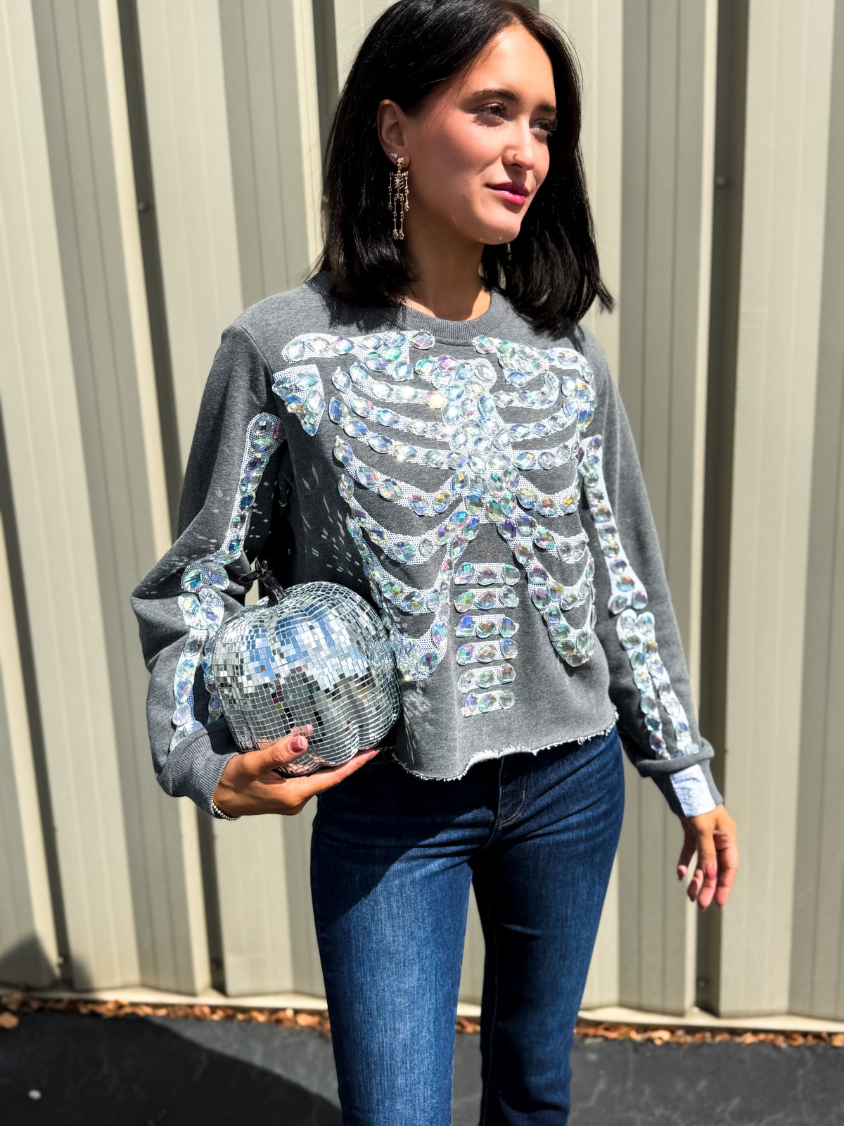Charcoal Iridescent Jeweled Skeleton Sweatshirt