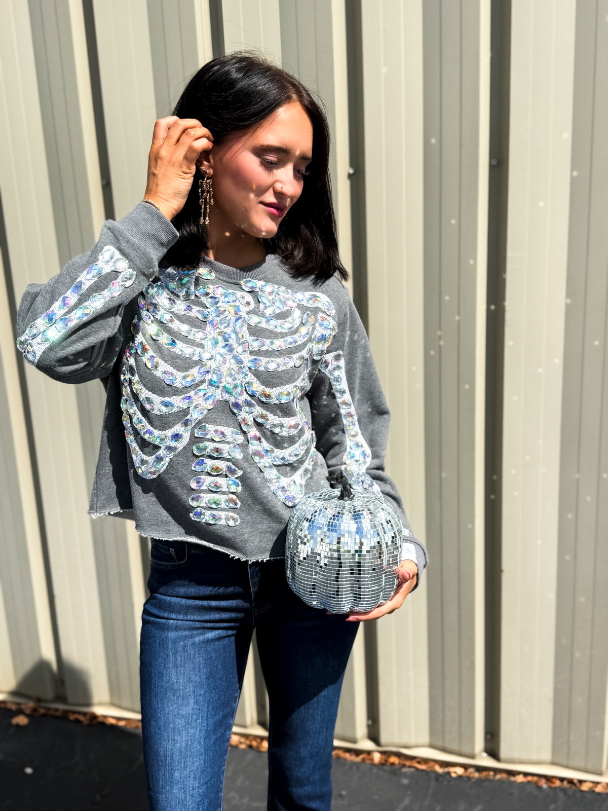 Charcoal Iridescent Jeweled Skeleton Sweatshirt