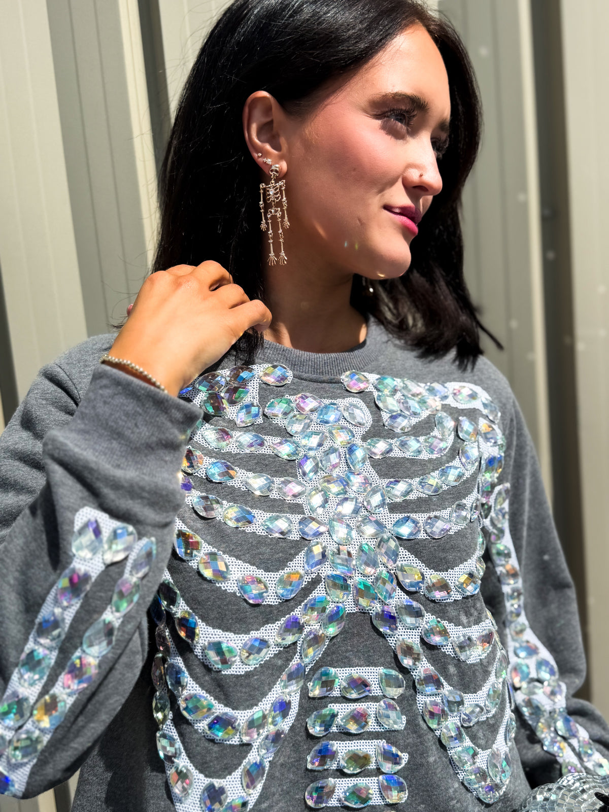 Charcoal Iridescent Jeweled Skeleton Sweatshirt