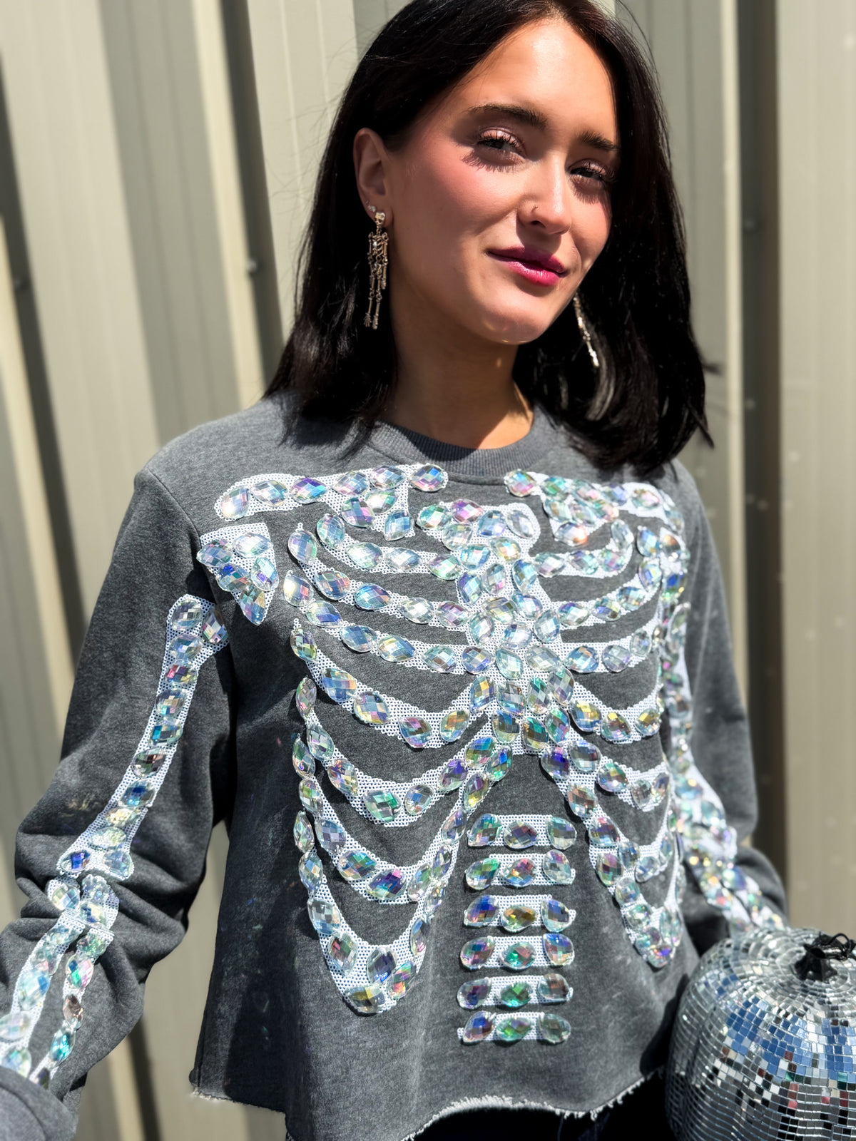 Charcoal Iridescent Jeweled Skeleton Sweatshirt
