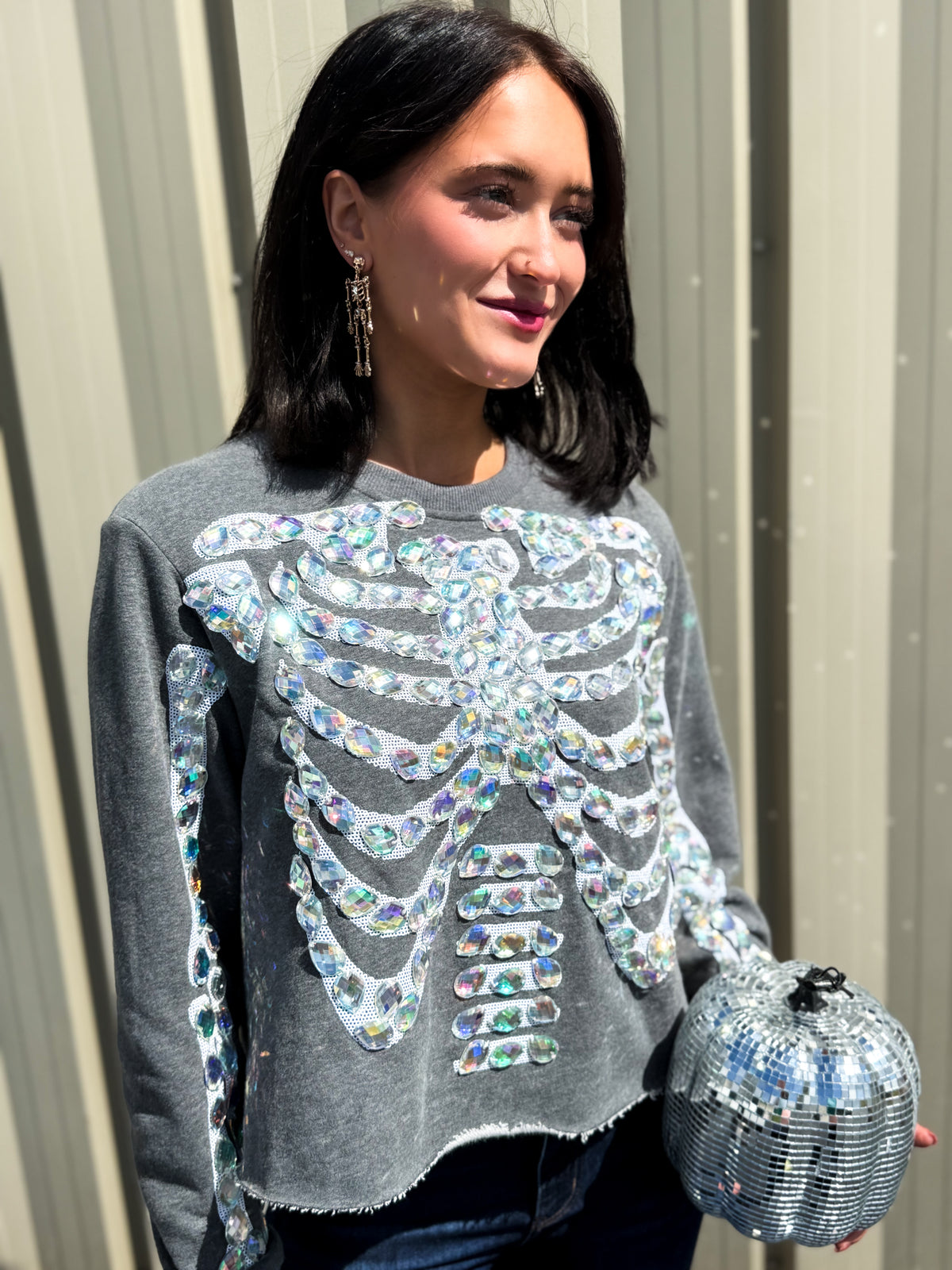 Charcoal Iridescent Jeweled Skeleton Sweatshirt