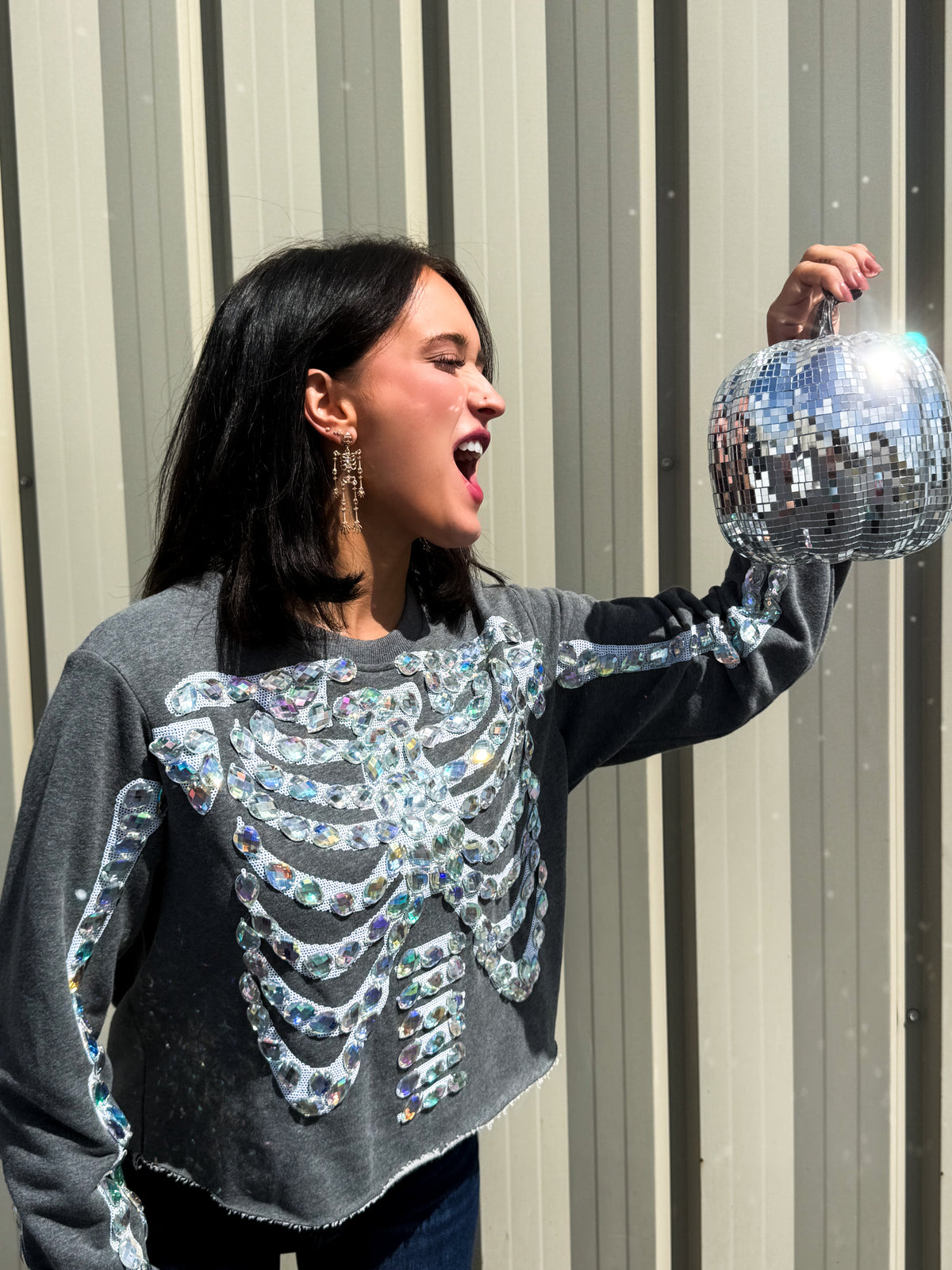 Charcoal Iridescent Jeweled Skeleton Sweatshirt