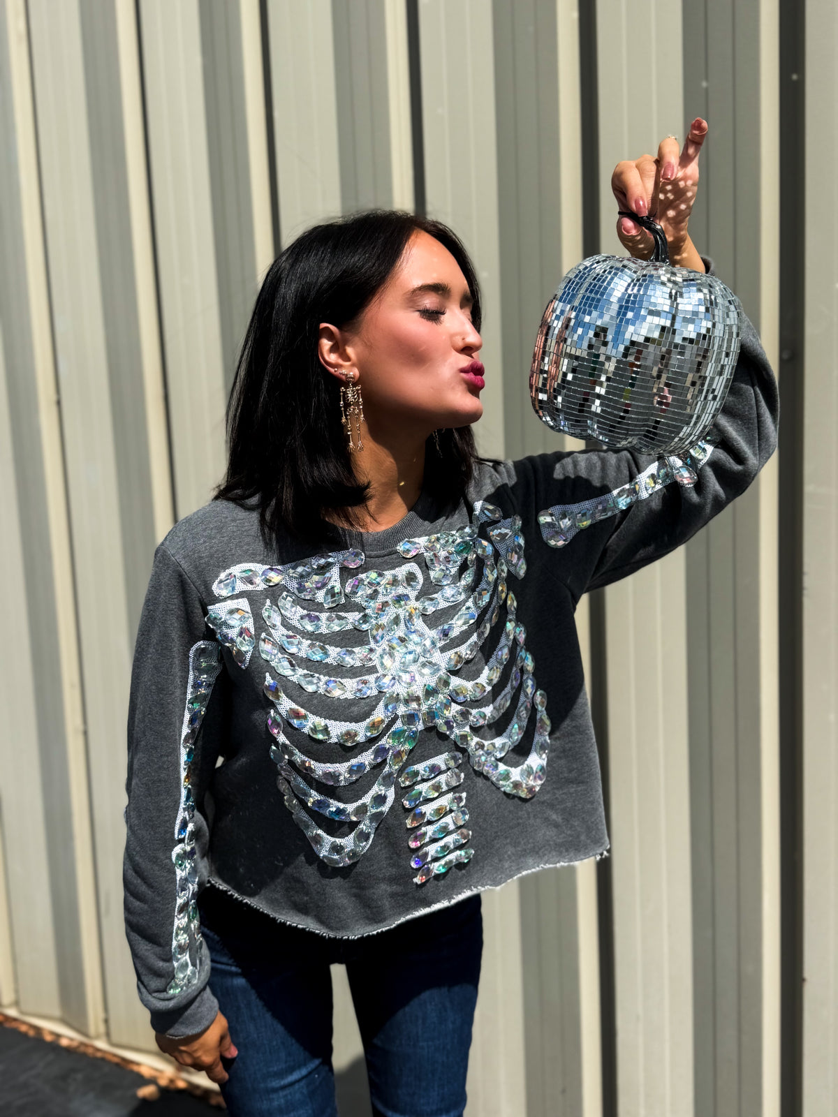 Charcoal Iridescent Jeweled Skeleton Sweatshirt
