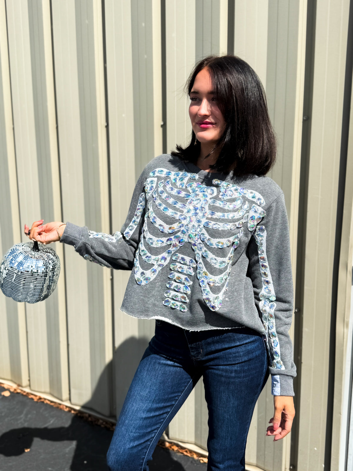 Charcoal Iridescent Jeweled Skeleton Sweatshirt