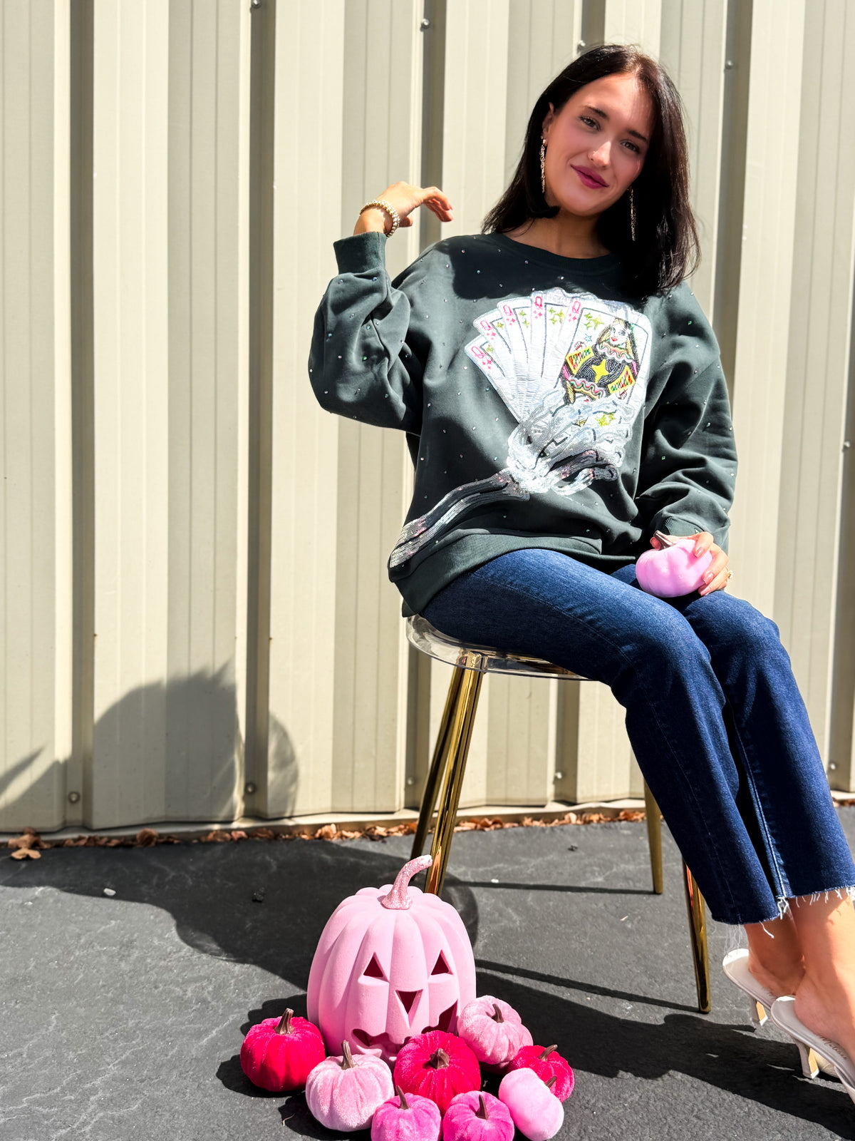 Charcoal Skeleton Holding Queen Cards Rhinestone Sweatshirt