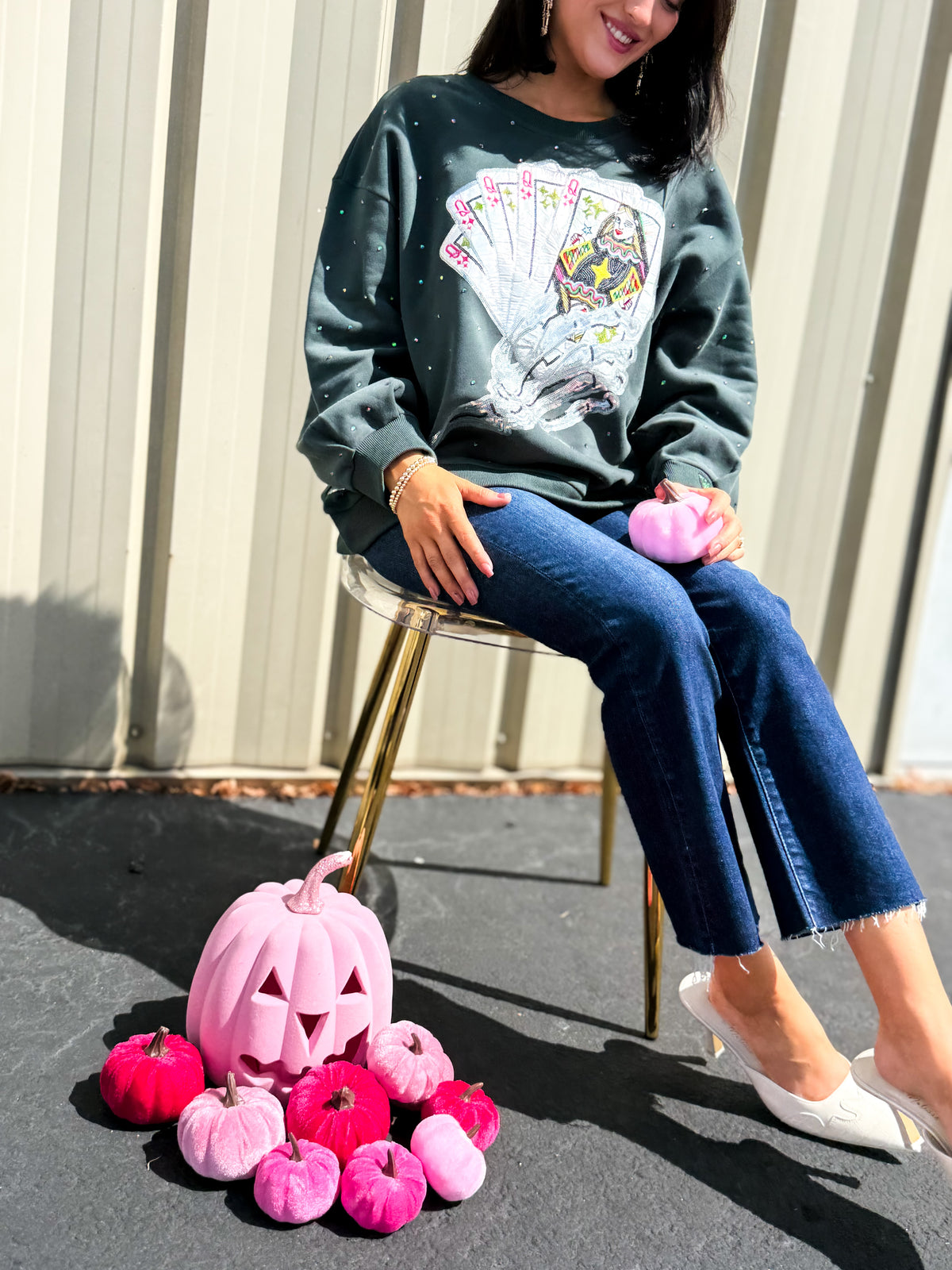 Charcoal Skeleton Holding Queen Cards Rhinestone Sweatshirt