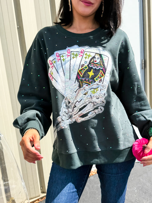 Charcoal Skeleton Holding Queen Cards Rhinestone Sweatshirt