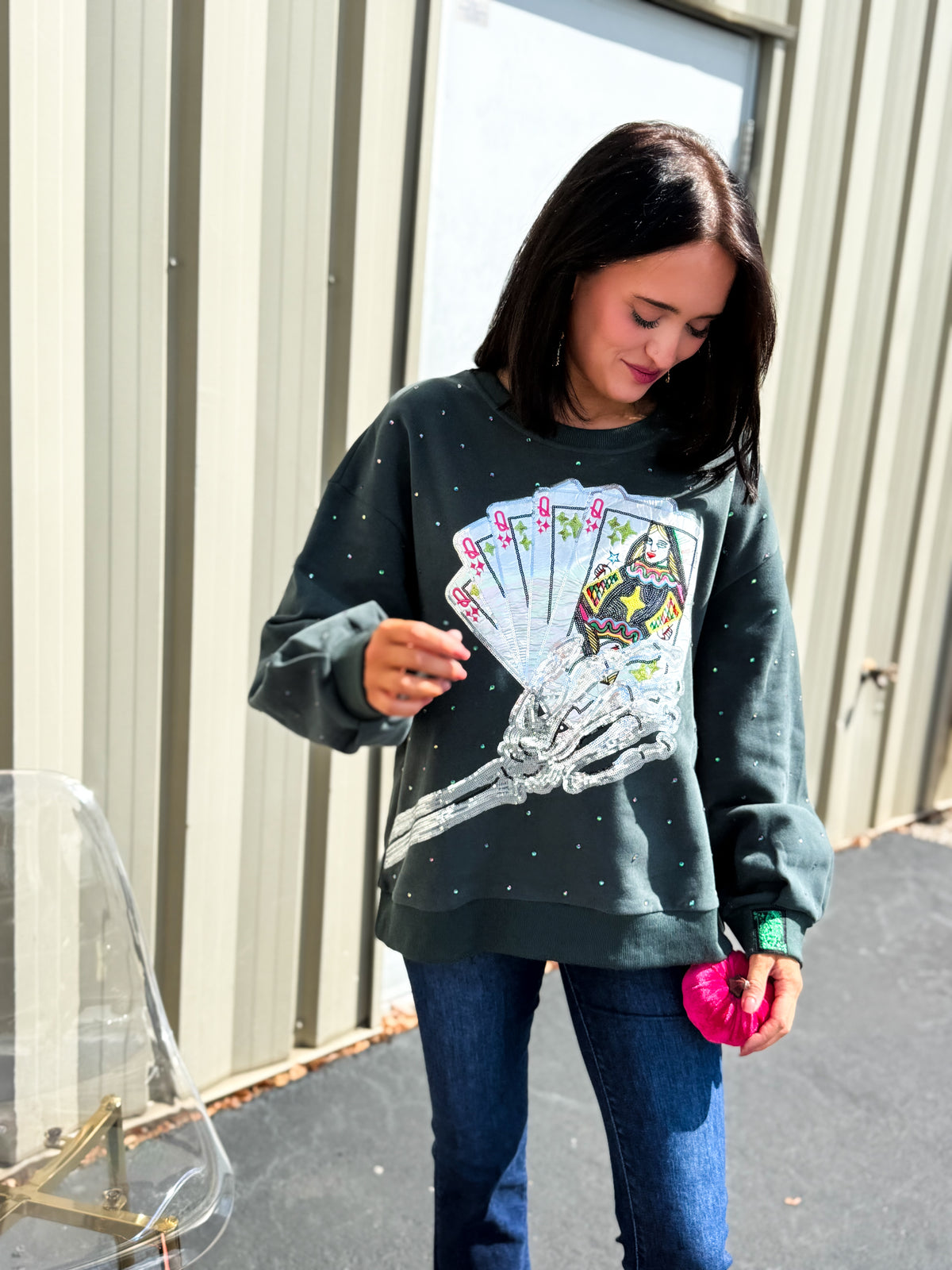 Charcoal Skeleton Holding Queen Cards Rhinestone Sweatshirt