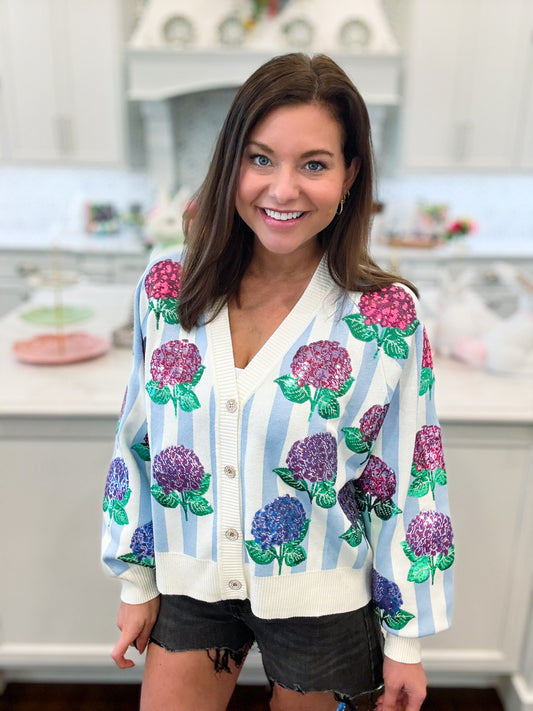 Blue & White Striped Hibiscus Cardigan