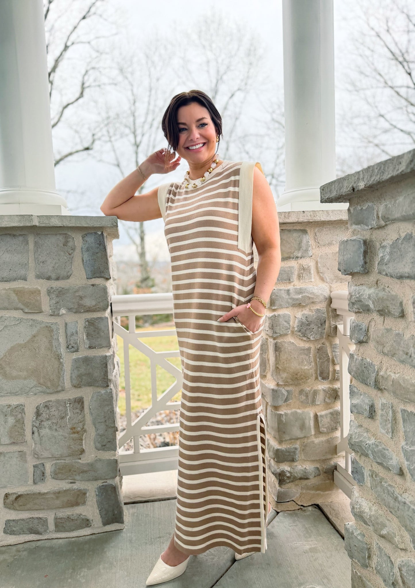 Alice Taupe Striped Knit Maxi Dress