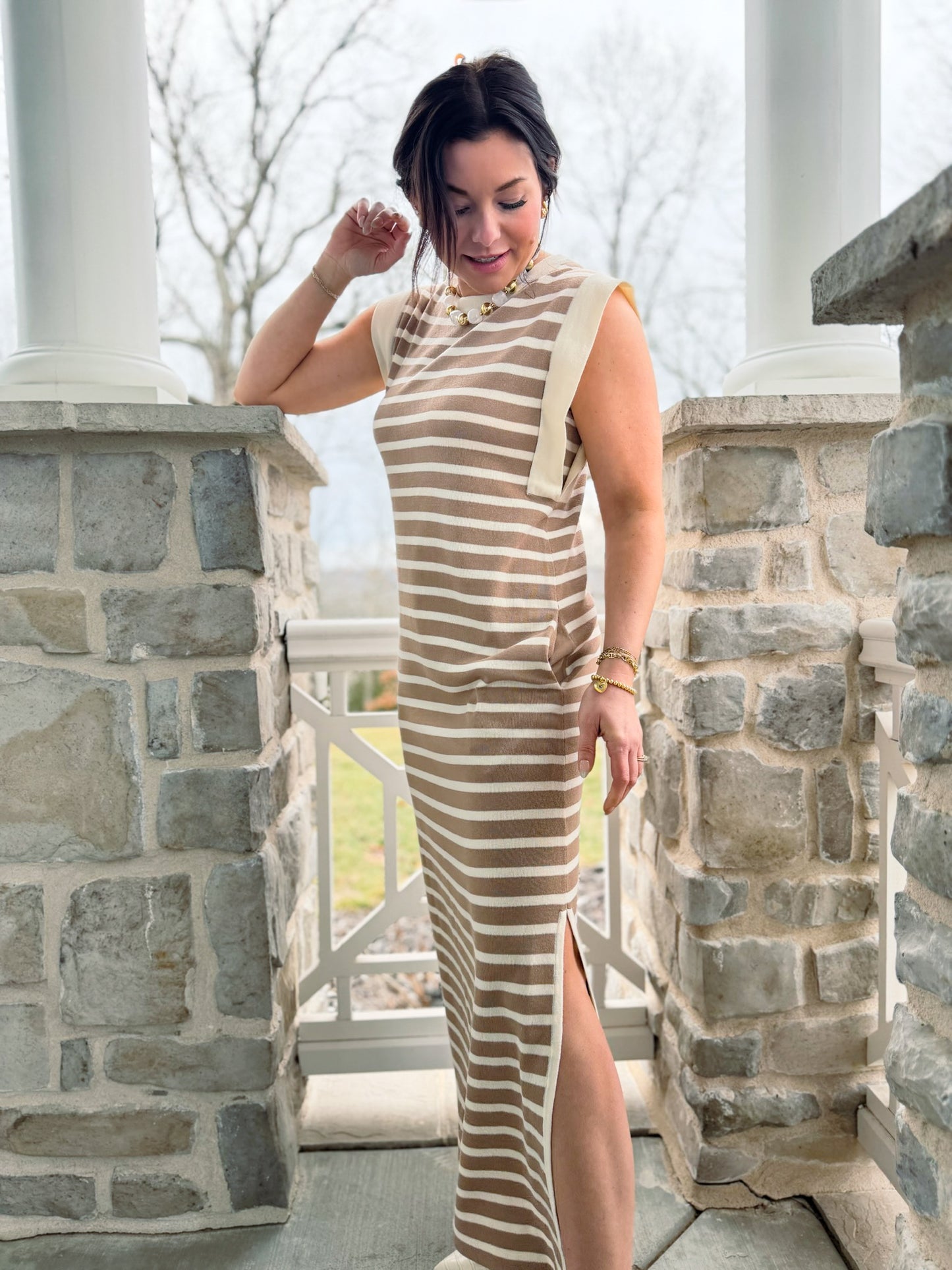 Alice Taupe Striped Knit Maxi Dress