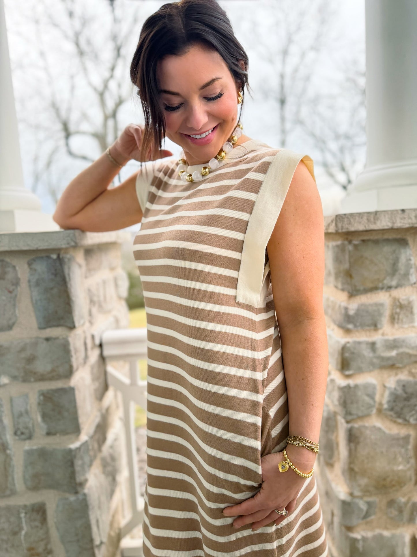 Alice Taupe Striped Knit Maxi Dress