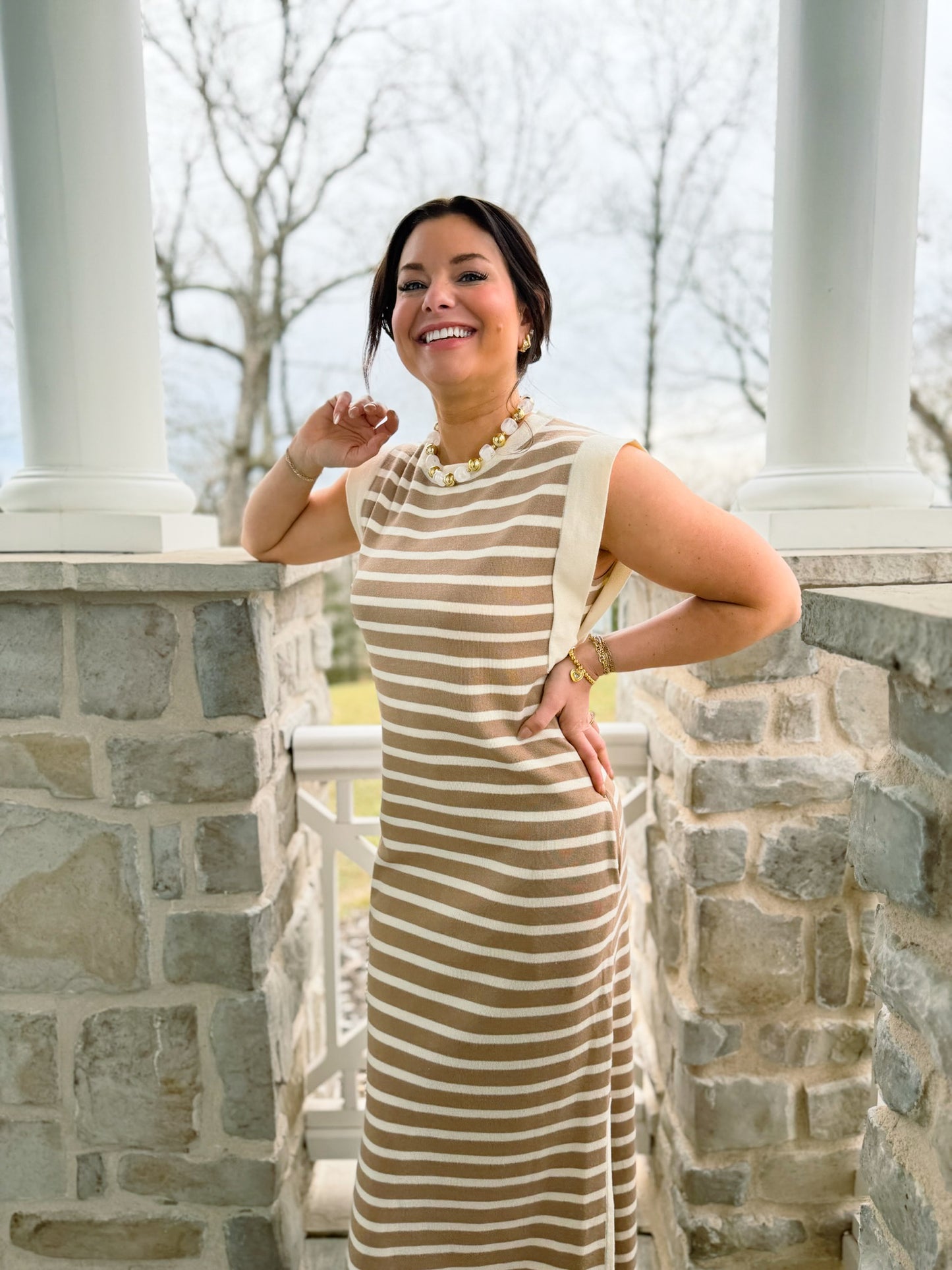 Alice Taupe Striped Knit Maxi Dress