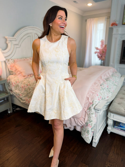 Cream Blossom Embroidered Princess Cut Dress