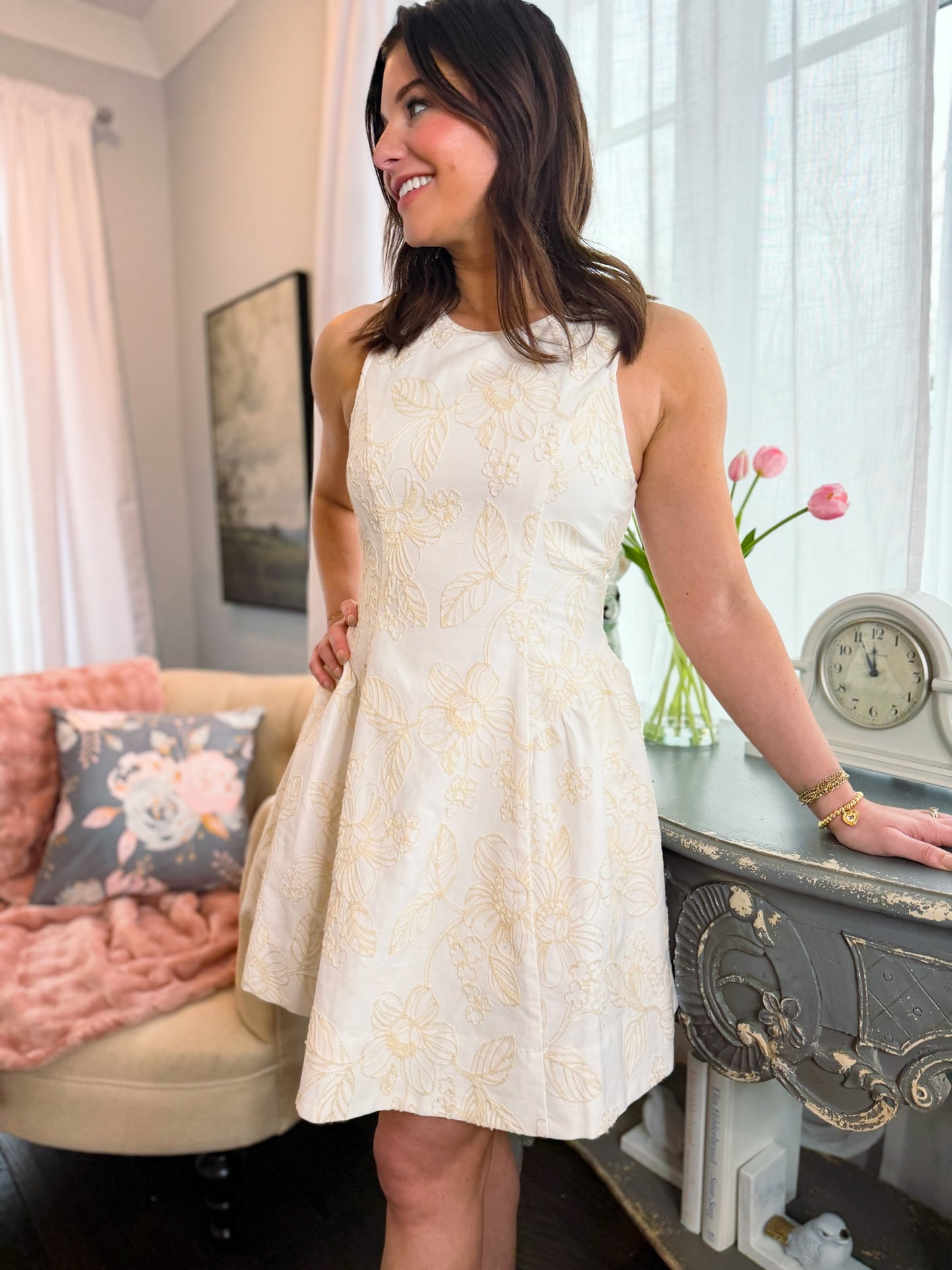 Cream Blossom Embroidered Princess Cut Dress