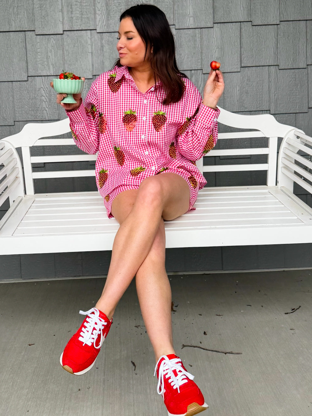 Red & White Gingham Beaded Strawberry Button Up