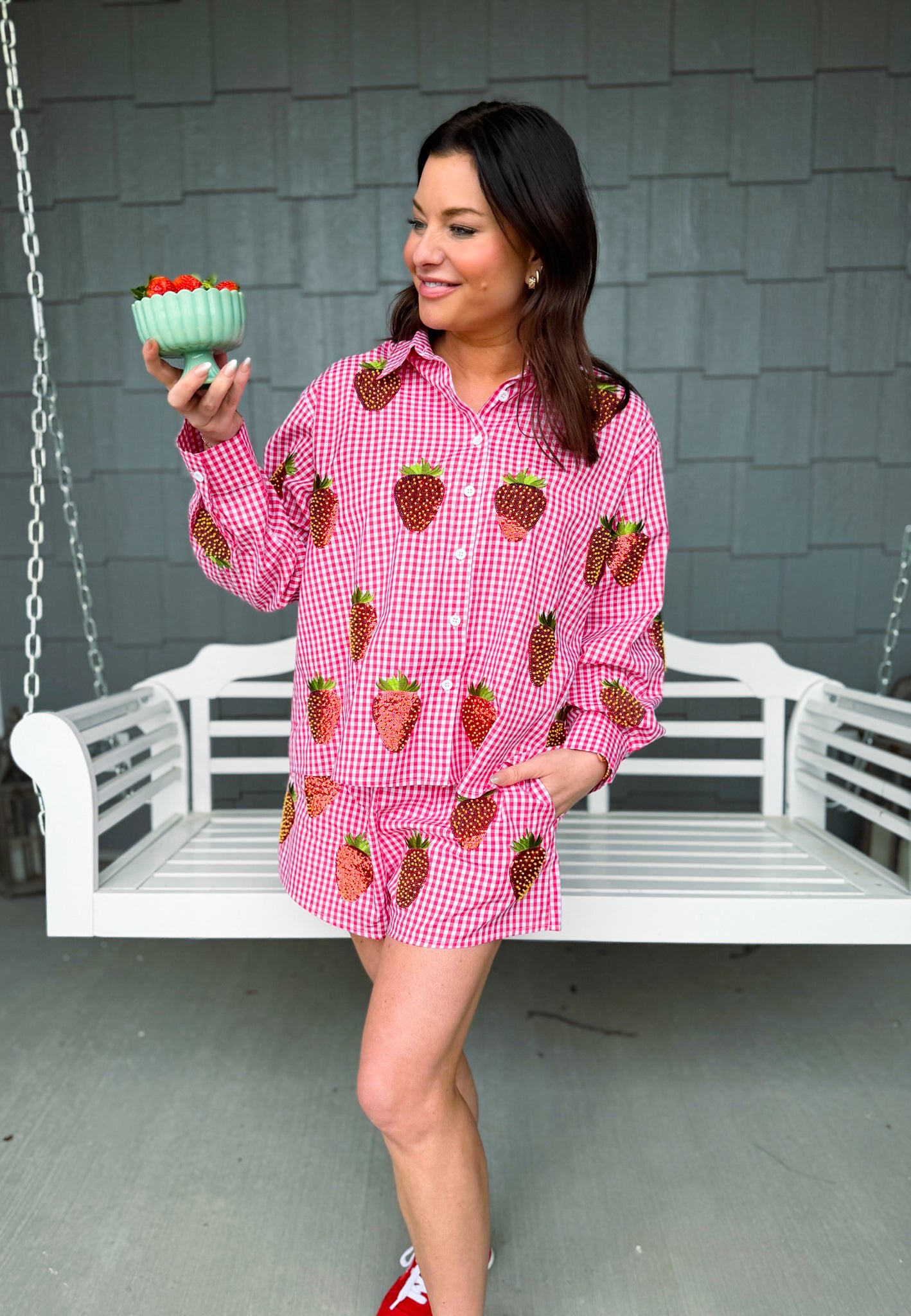 Red & White Gingham Beaded Strawberry Button Up