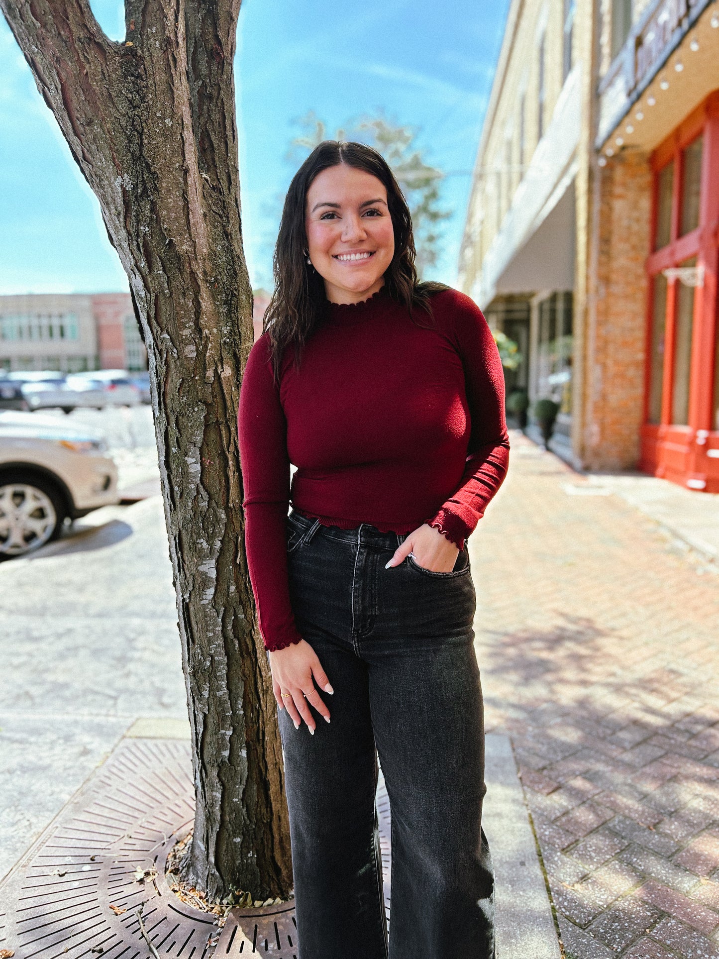 Lettuce Trim Mockneck Sweater Top Oxblood