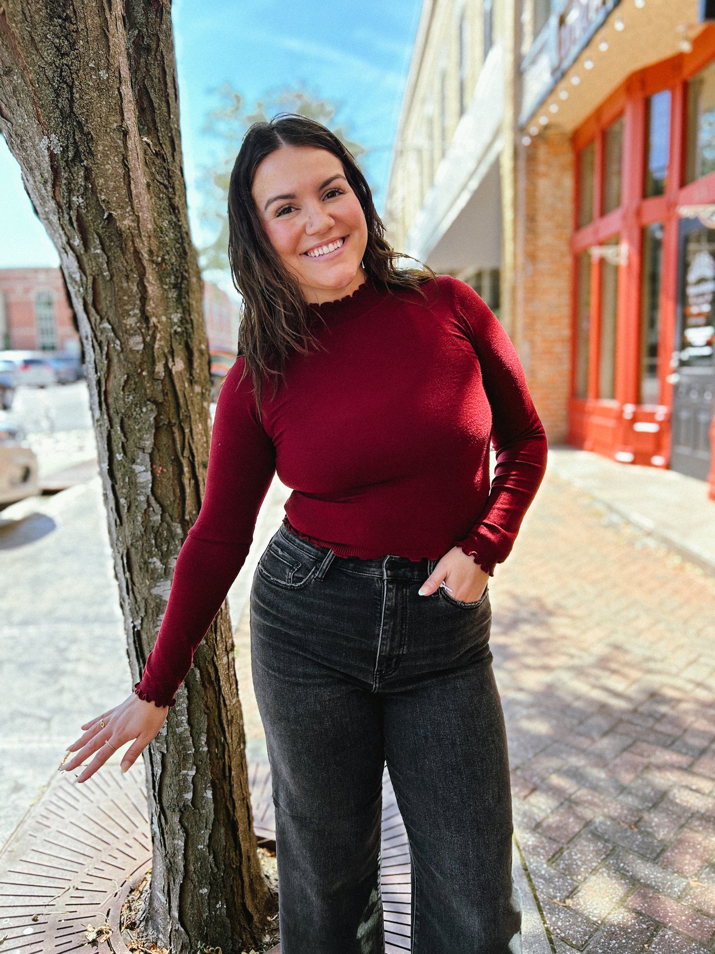 Lettuce Trim Mockneck Sweater Top Oxblood