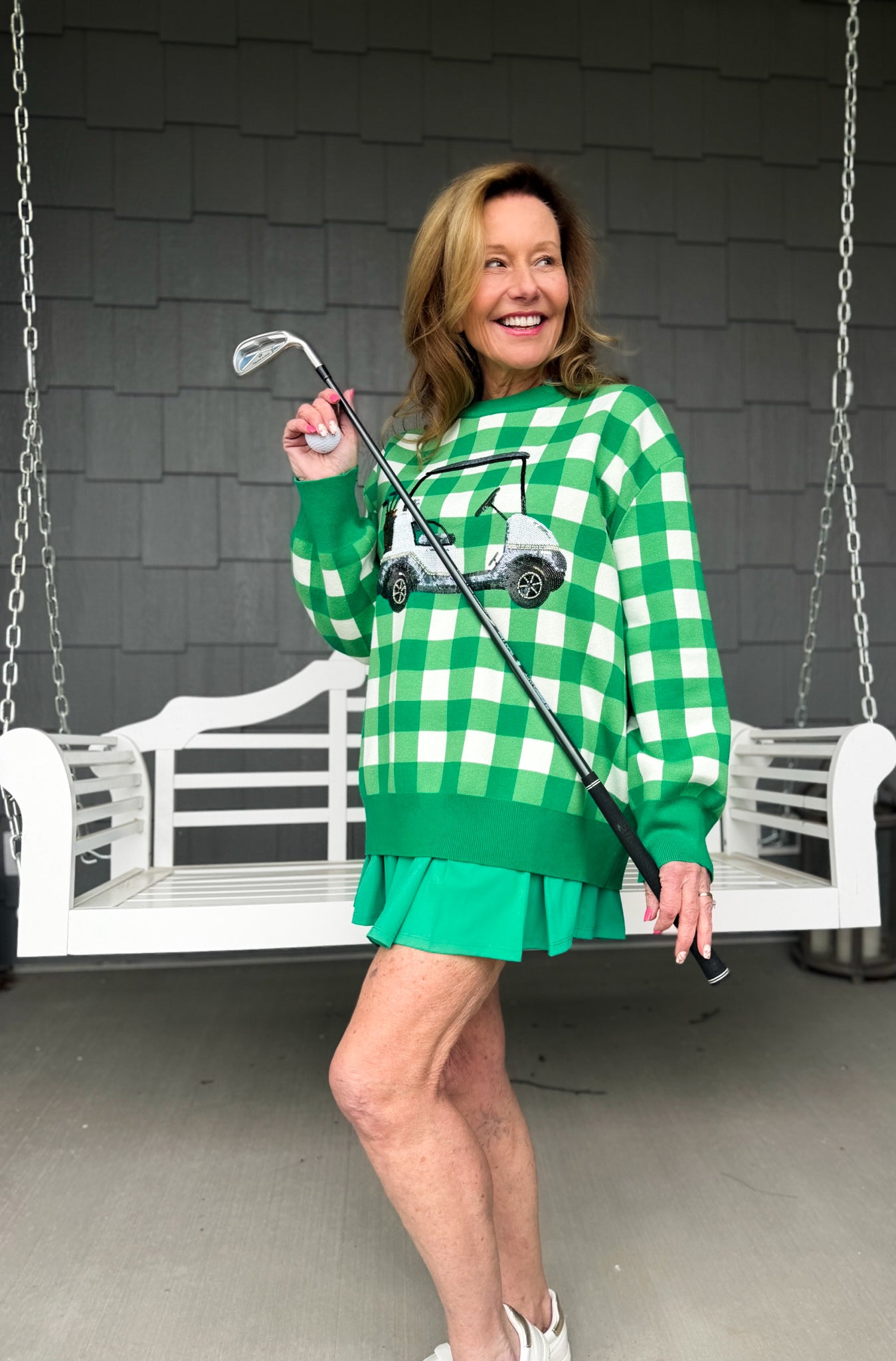 Green & White Checkered Golf Cart Sweater