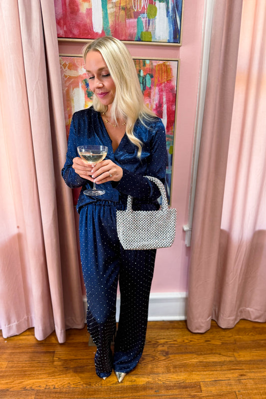 Billie Embellished Navy Satin Pants