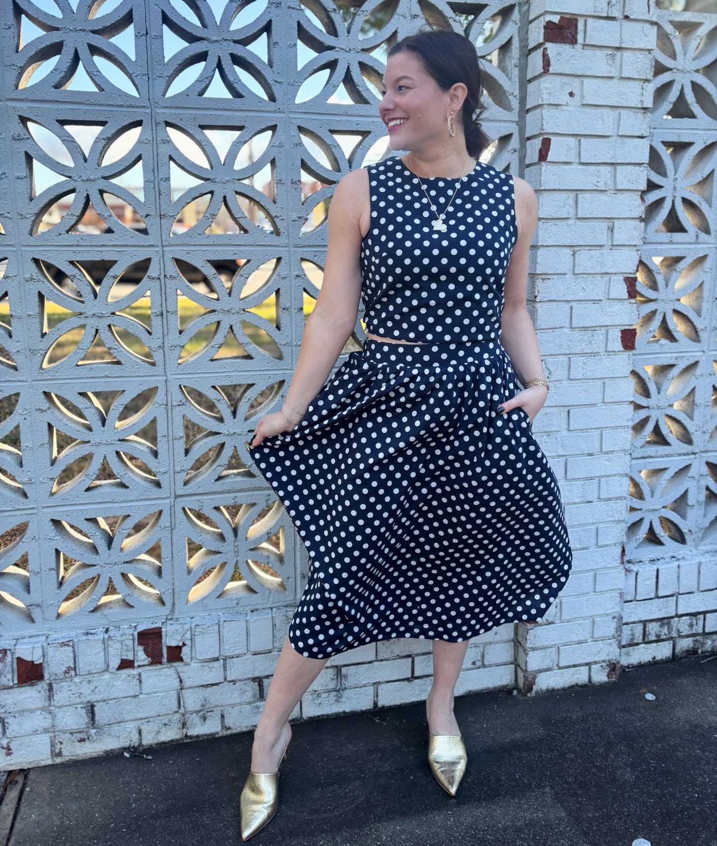 Erica Navy Polka Dot Midi Skirt