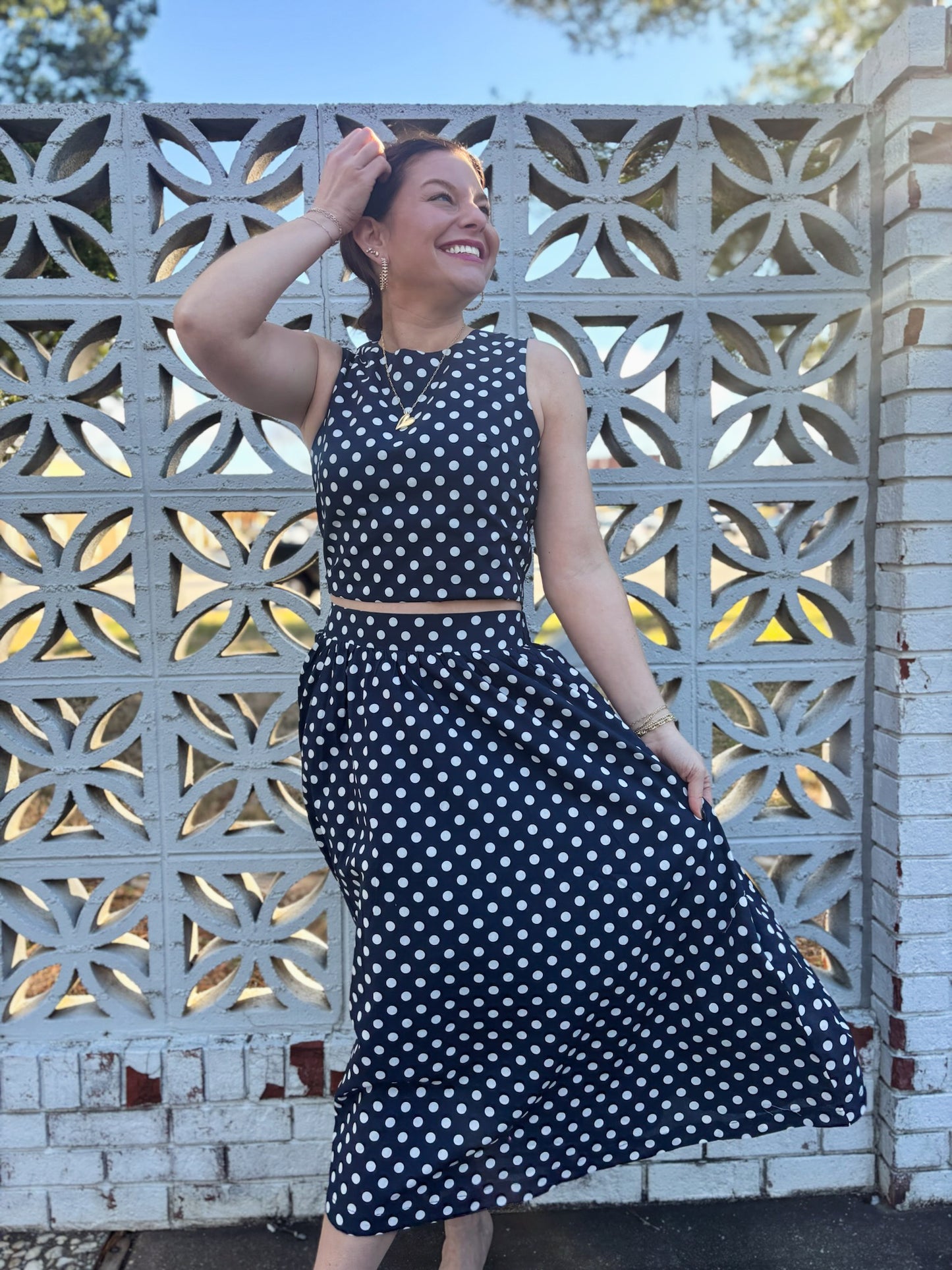 Erica Navy Polka Dot Midi Skirt