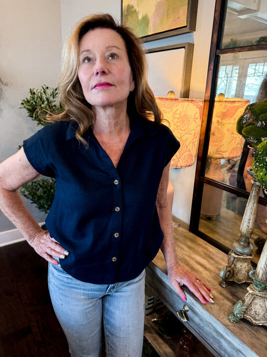 Navy Way Linen Button Down Top
